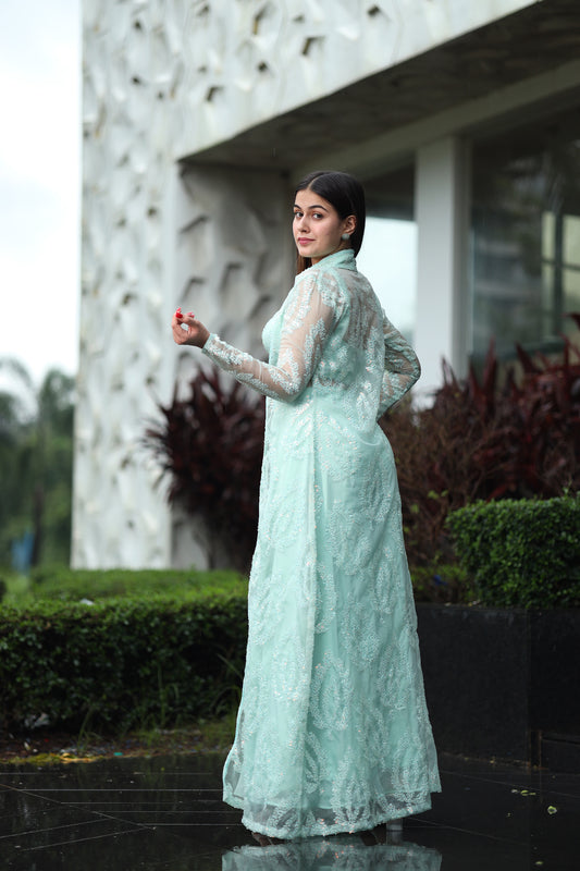 Aqua Mist Green Crop Top & Palazzo with a Full sleeves Jacket