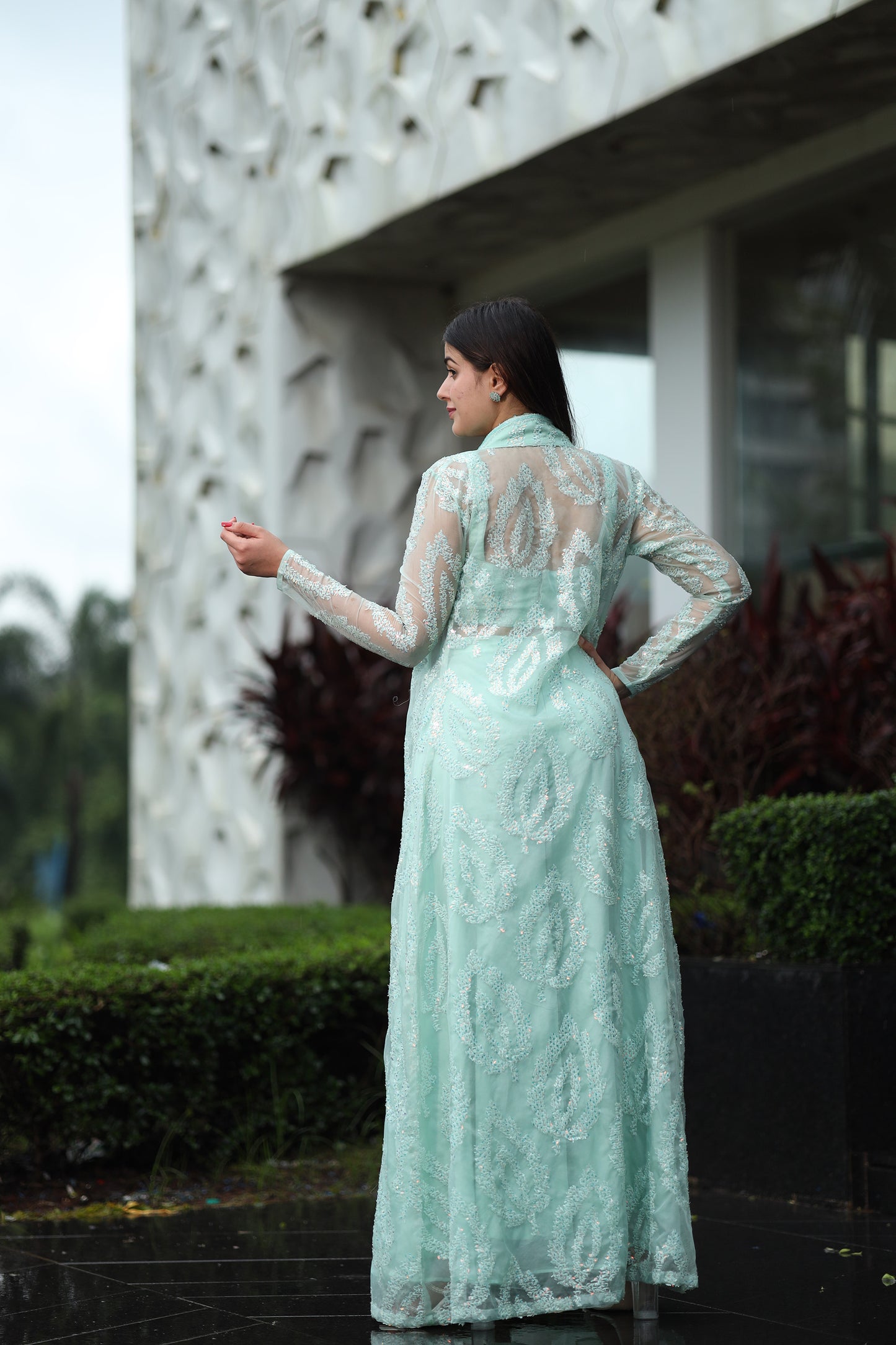 Aqua Mist Green Crop Top & Palazzo with a Full sleeves Jacket