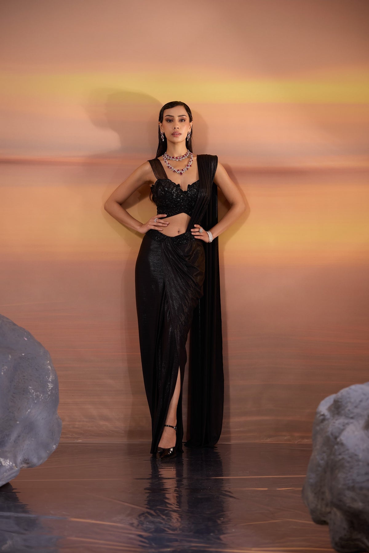 Black Embellished Strappy Blouse with Hand Embroidered Lyra Saree Set
