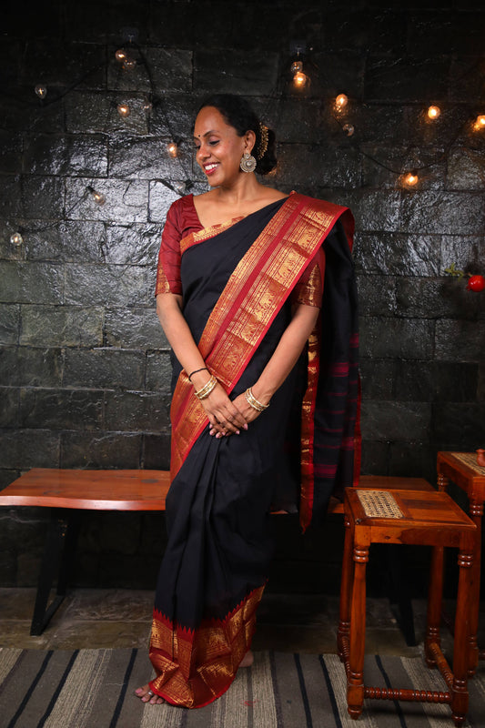 Varnam - 1 minute Ready-to-wear saree in Black color in Kanchi Cotton