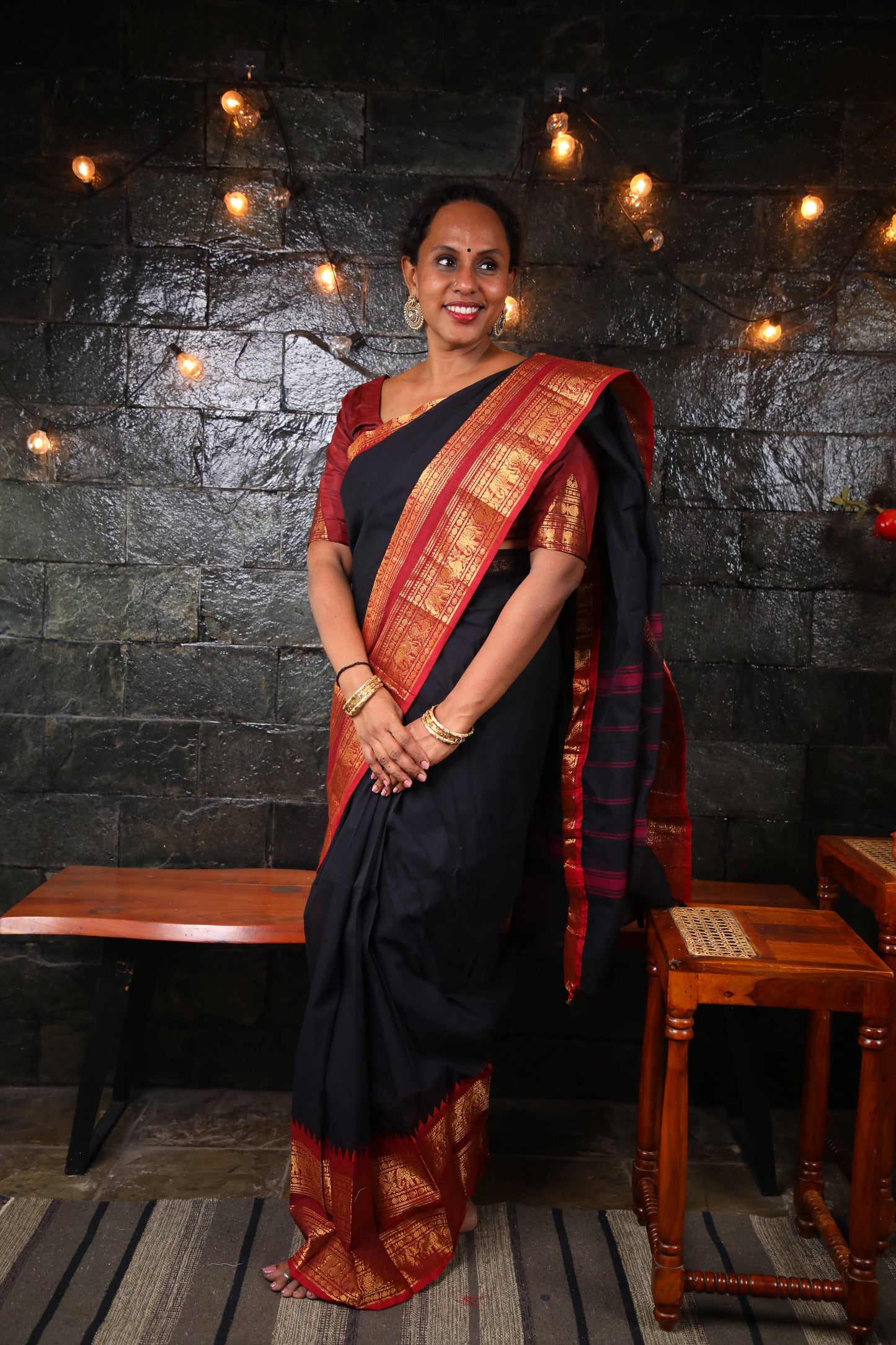 Varnam - 1 minute Ready-to-wear saree in Black color in Kanchi Cotton