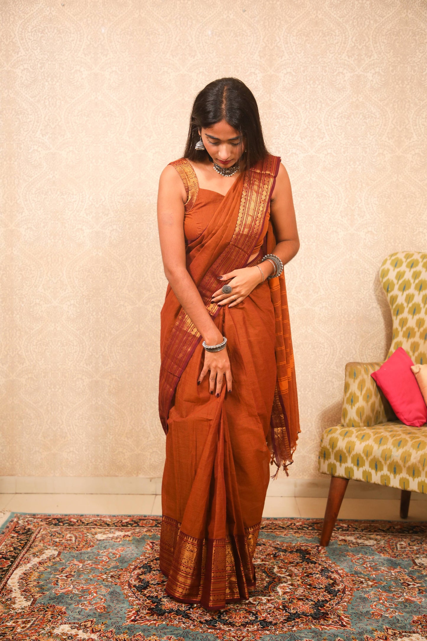 Varnam - 1 minute Ready-to-wear saree in Brown color in Kanchi Cotton