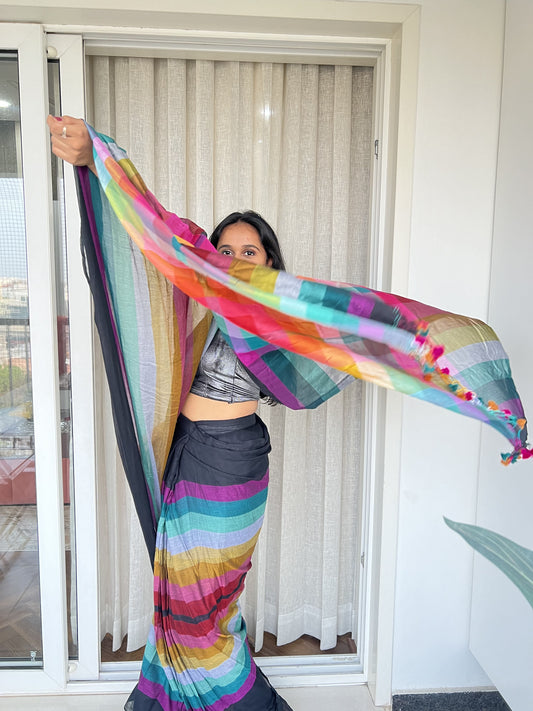 Aanchal - Saree (Unstitched) in Black with multicolor in Mul cotton fabric