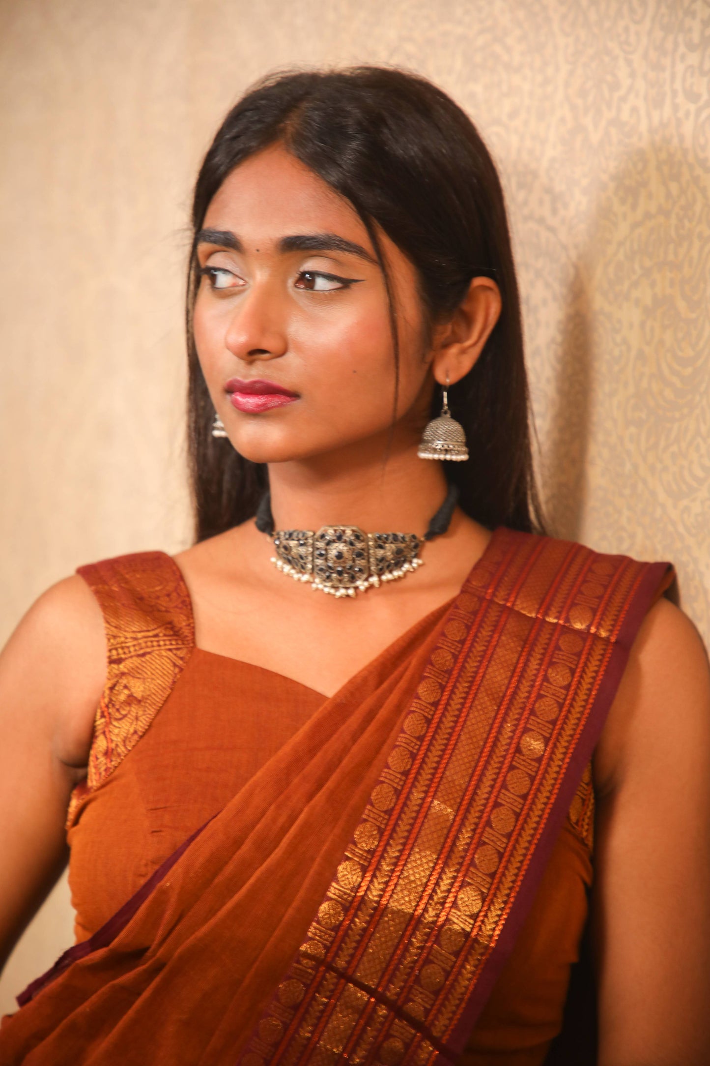 Varnam - 1 minute Ready-to-wear saree in Brown color in Kanchi Cotton