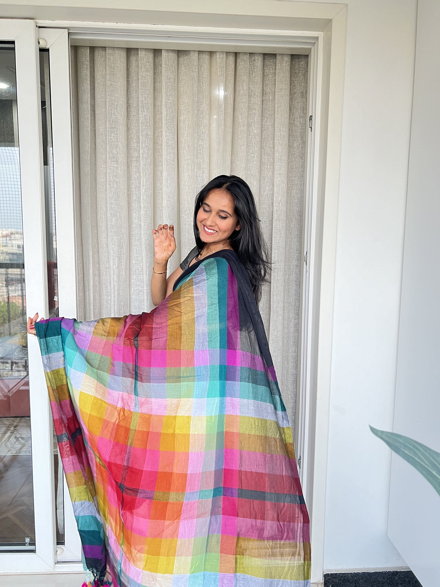 Aanchal - 1 minute Ready-to-wear saree in Black with multicolor in Mul cotton fabric