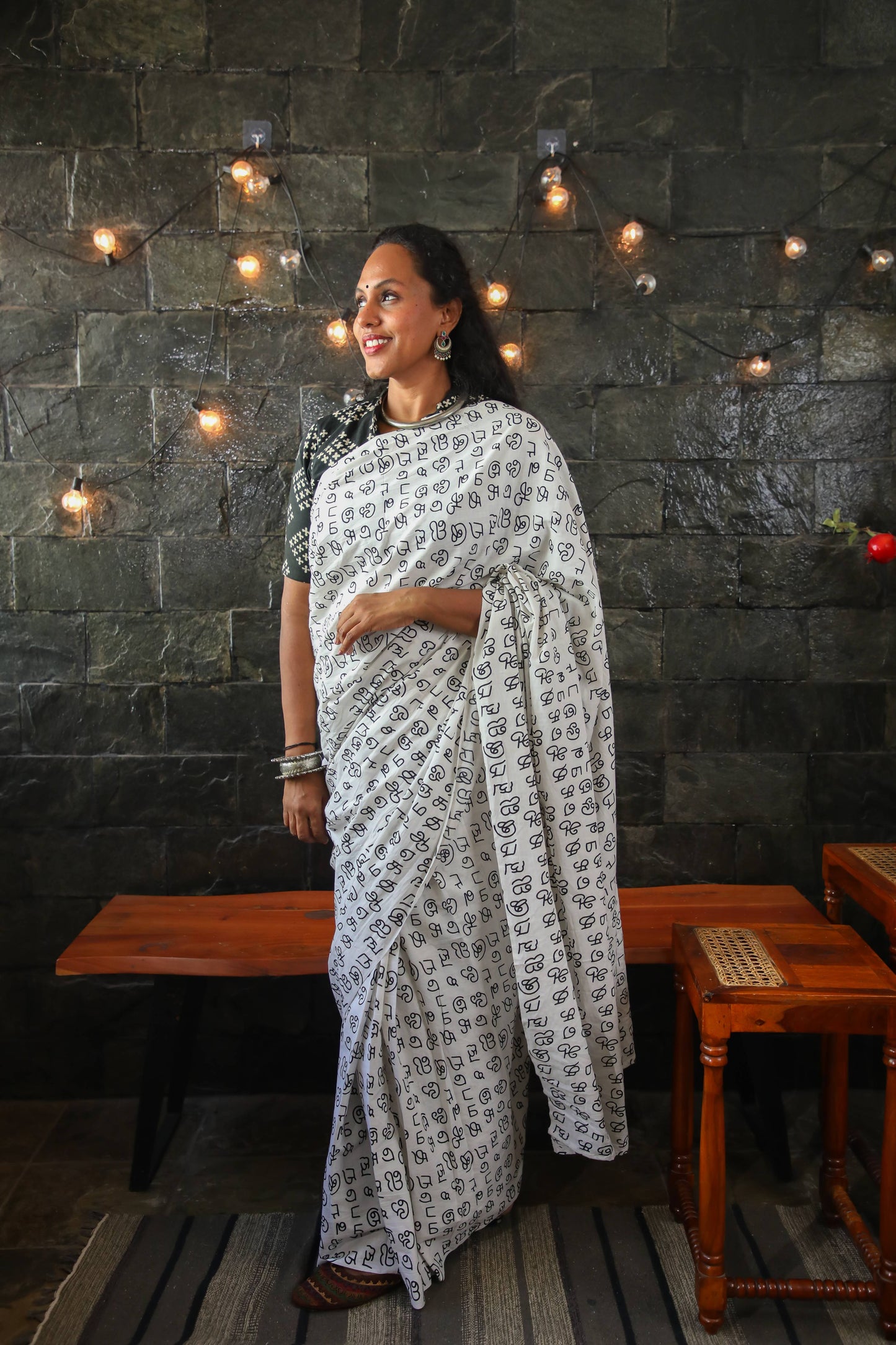 Varnam - 1 minute Ready-to-wear saree in White Tamil Script