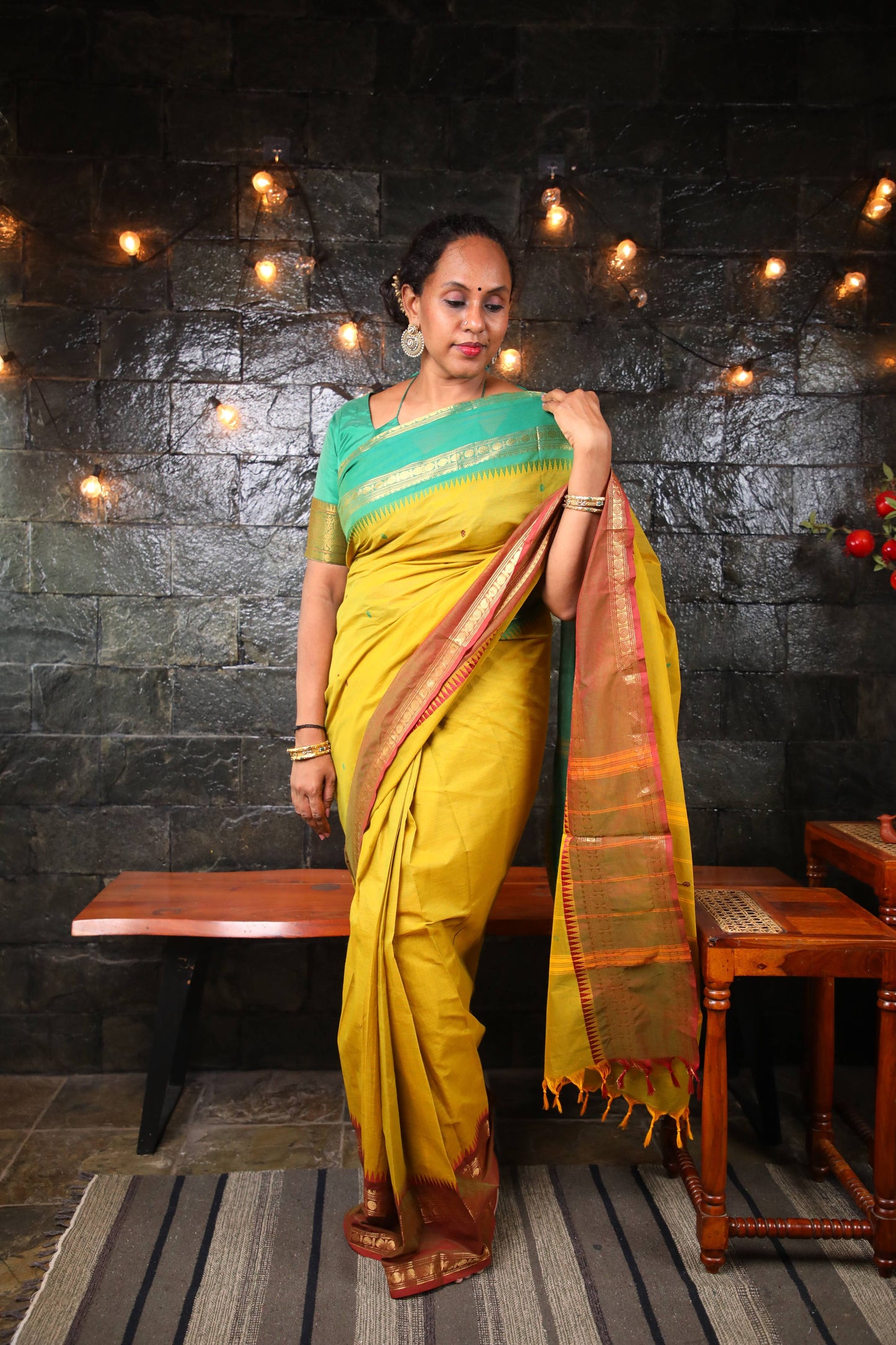 Varnam - 1 minute Ready-to-wear saree in Mehendi green color in Kanchi Cotton
