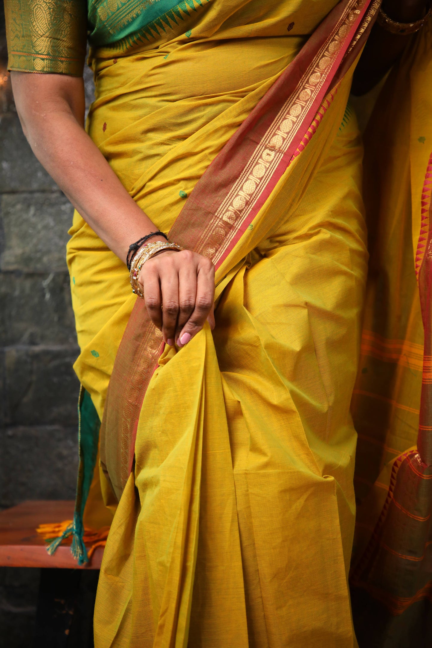 Varnam - 1 minute Ready-to-wear saree in Mehendi green color in Kanchi Cotton