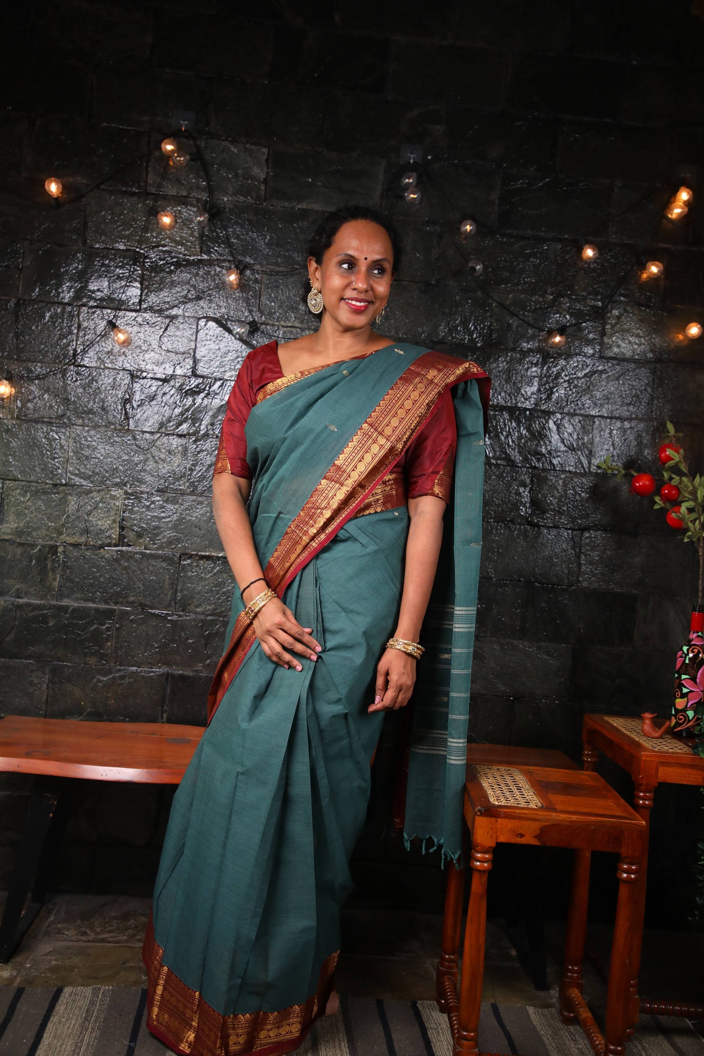 Varnam - 1 minute Ready-to-wear saree in Teal color in Kanchi Cotton
