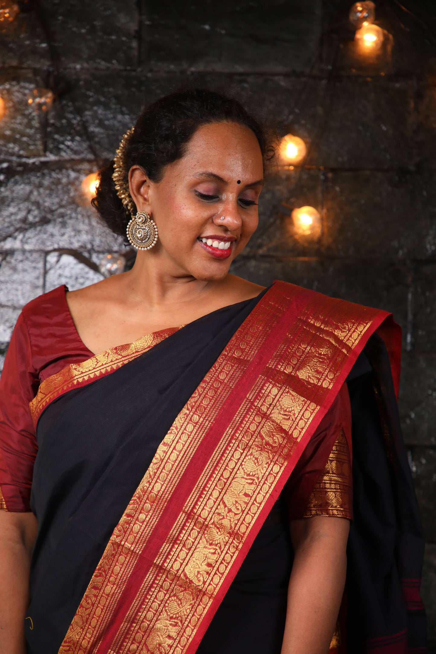 Varnam - 1 minute Ready-to-wear saree in Black color in Kanchi Cotton
