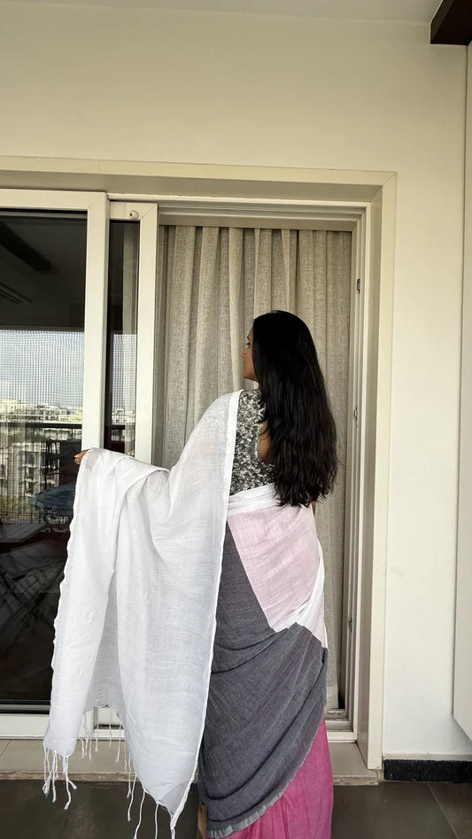 Aanchal - Saree (Unstitched) in White in Khadi fabric