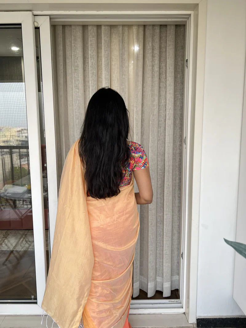 Aanchal - Saree (Unstitched) in Peach in Khadi fabric
