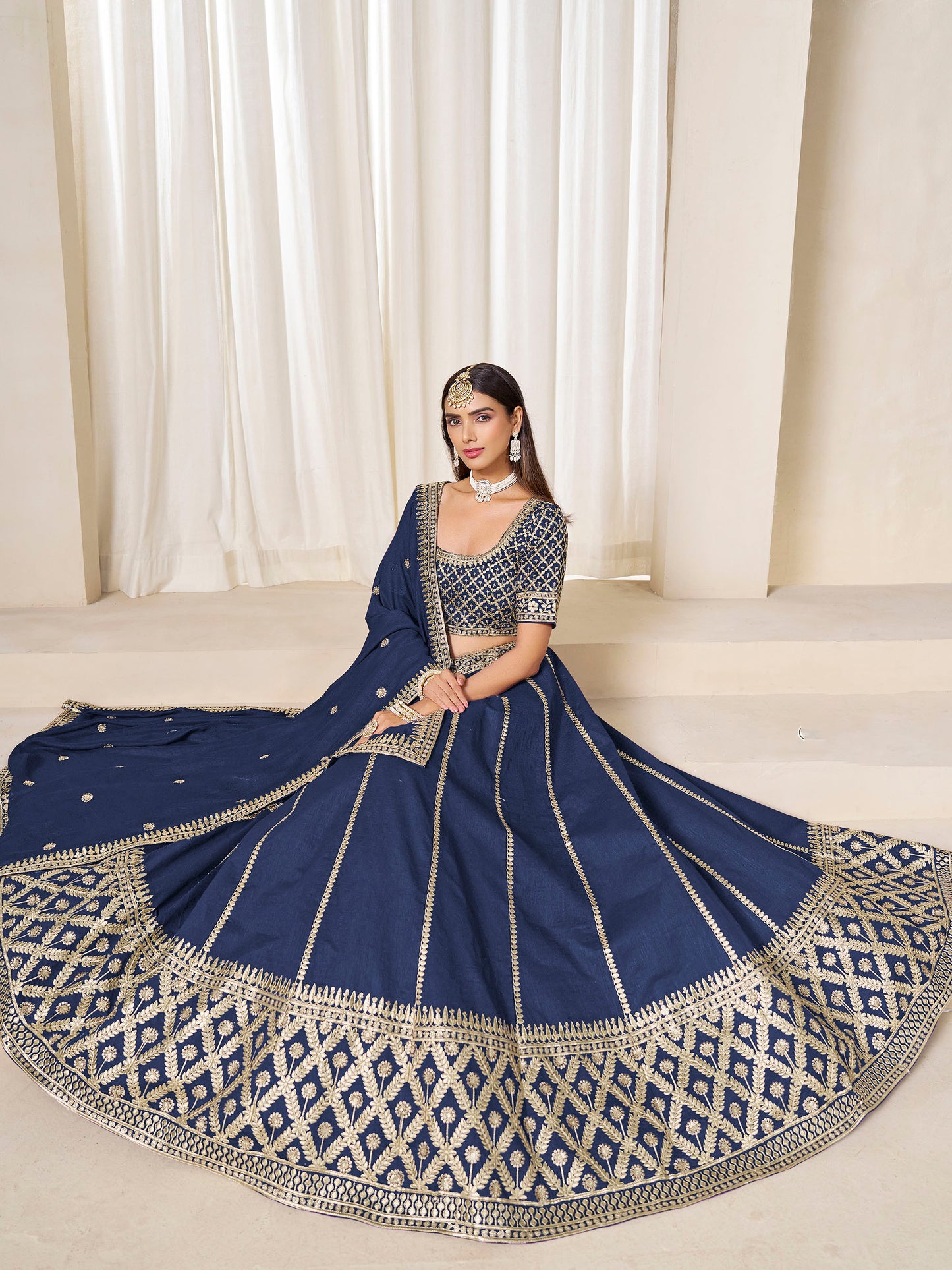 Navy Blue Heavy Sequins Embroidered Art Silk Lehenga for Wedding Guest