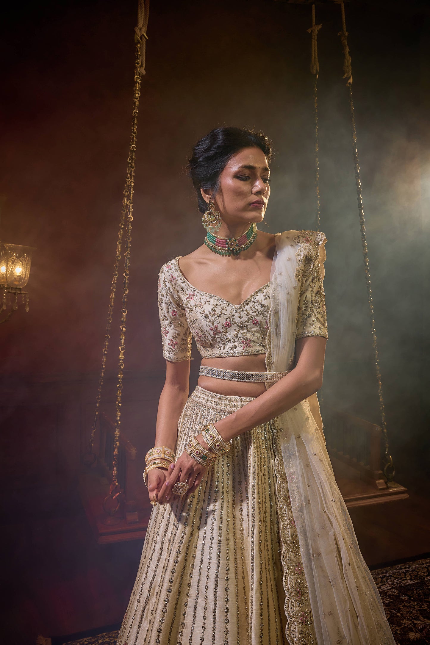 Ivory Raw Silk Hand & Machine Embroidered Lehenga Set