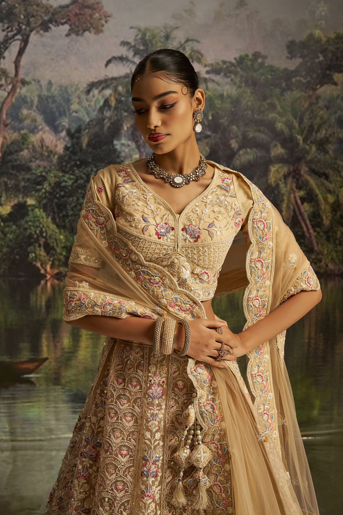 Cream Soft Net Dori, Zarkan & Sequins Embroidered Sangeet Lehenga