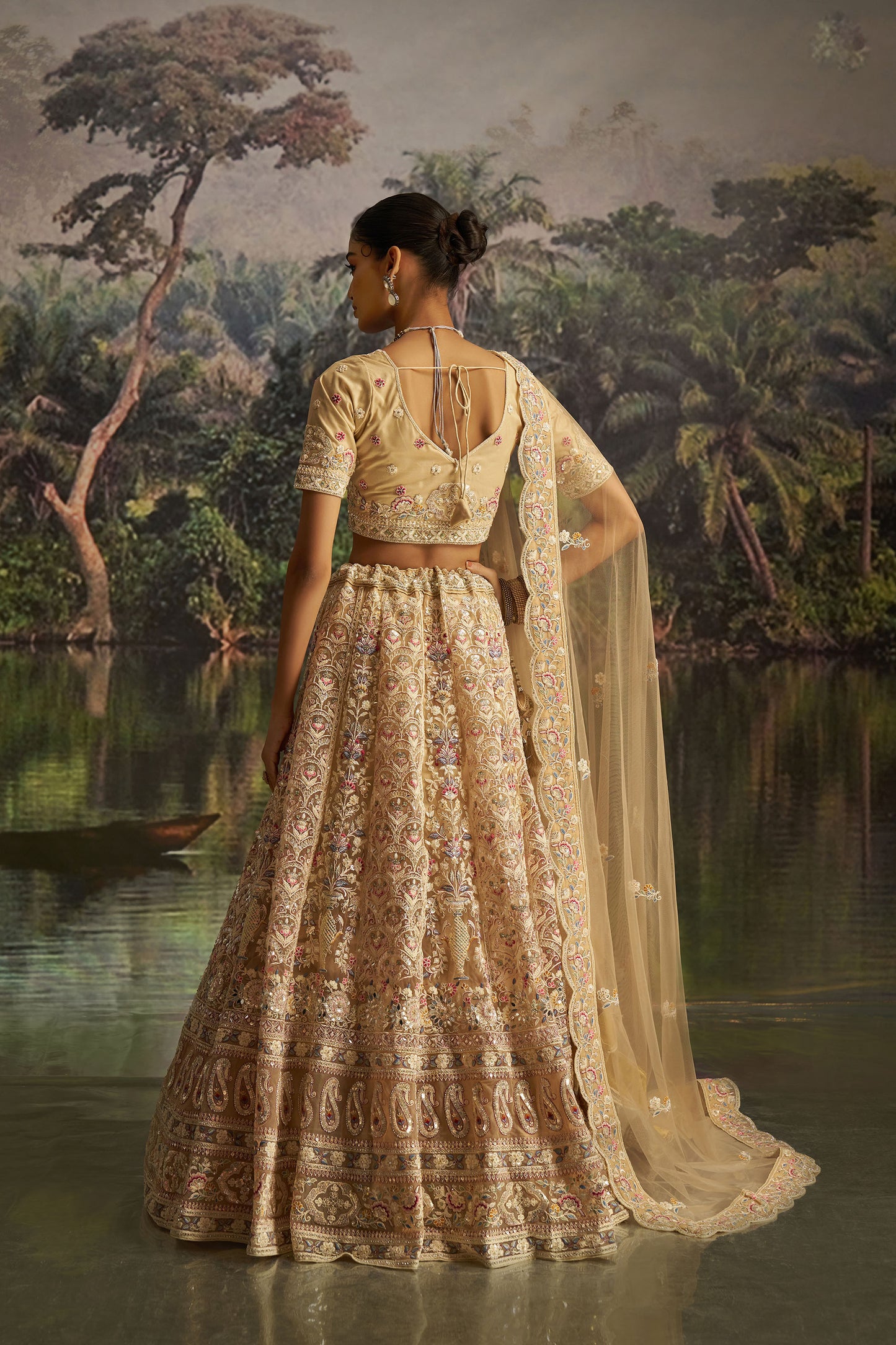 Cream Soft Net Dori, Zarkan & Sequins Embroidered Sangeet Lehenga