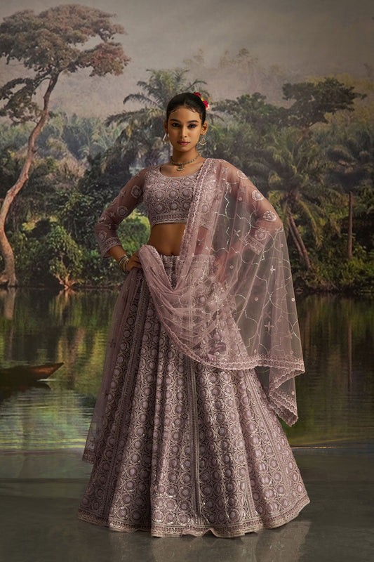 Mauve Soft Net Dori, Zarkan & Sequins Embroidered Sangeet Lehenga