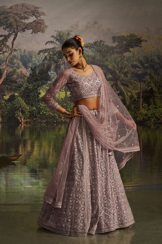 Mauve Soft Net Dori, Zarkan & Sequins Embroidered Sangeet Lehenga