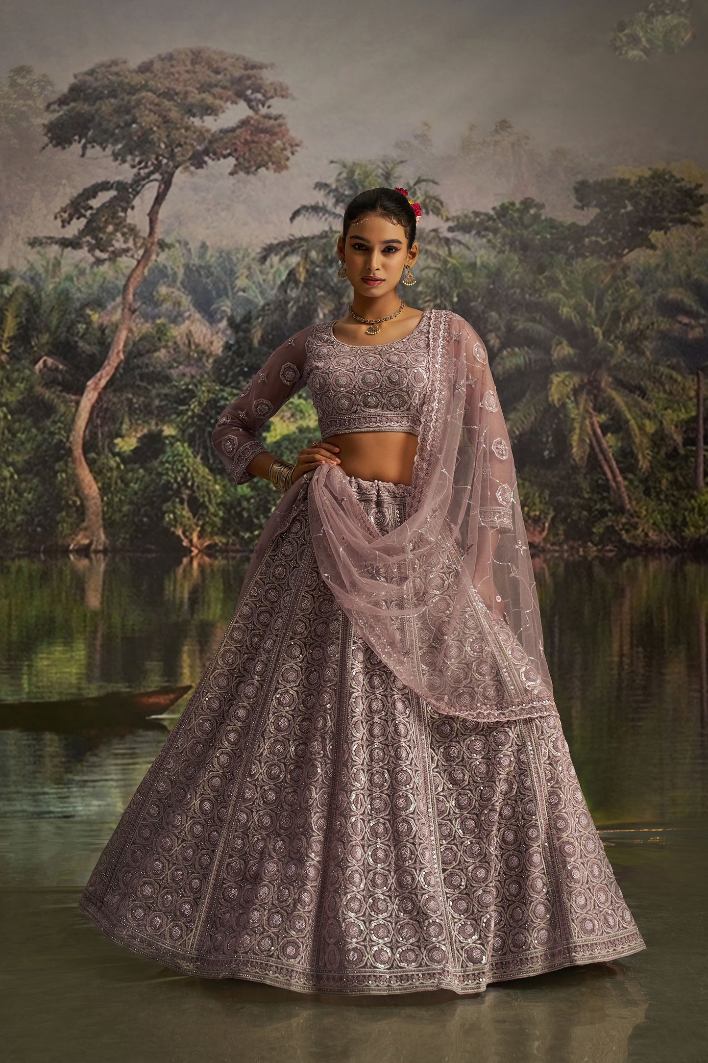 Mauve Soft Net Dori, Zarkan & Sequins Embroidered Sangeet Lehenga