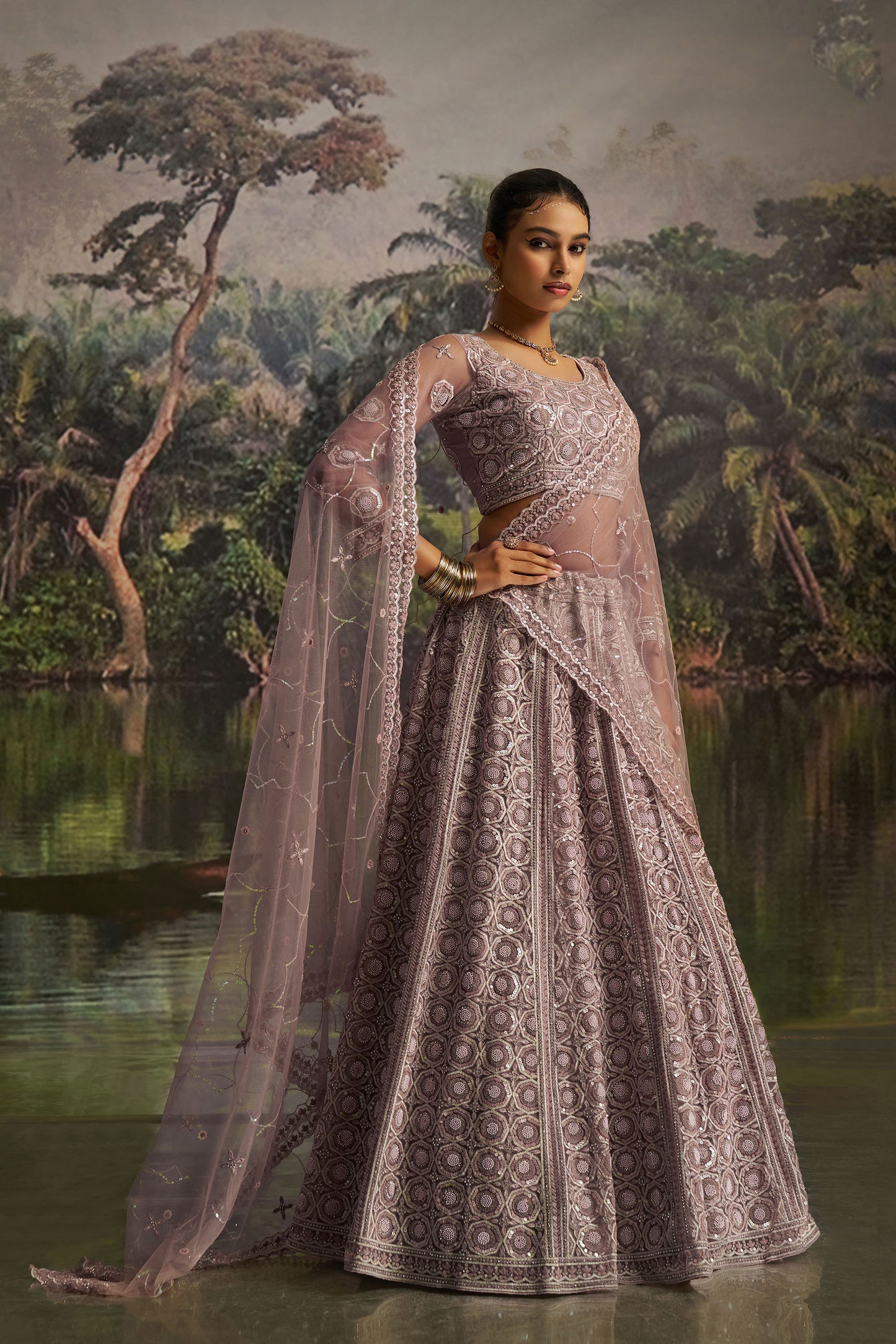 Mauve Soft Net Dori, Zarkan & Sequins Embroidered Sangeet Lehenga