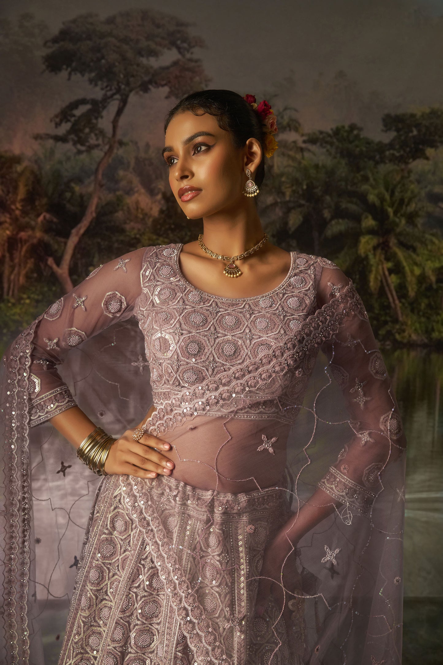 Mauve Soft Net Dori, Zarkan & Sequins Embroidered Sangeet Lehenga