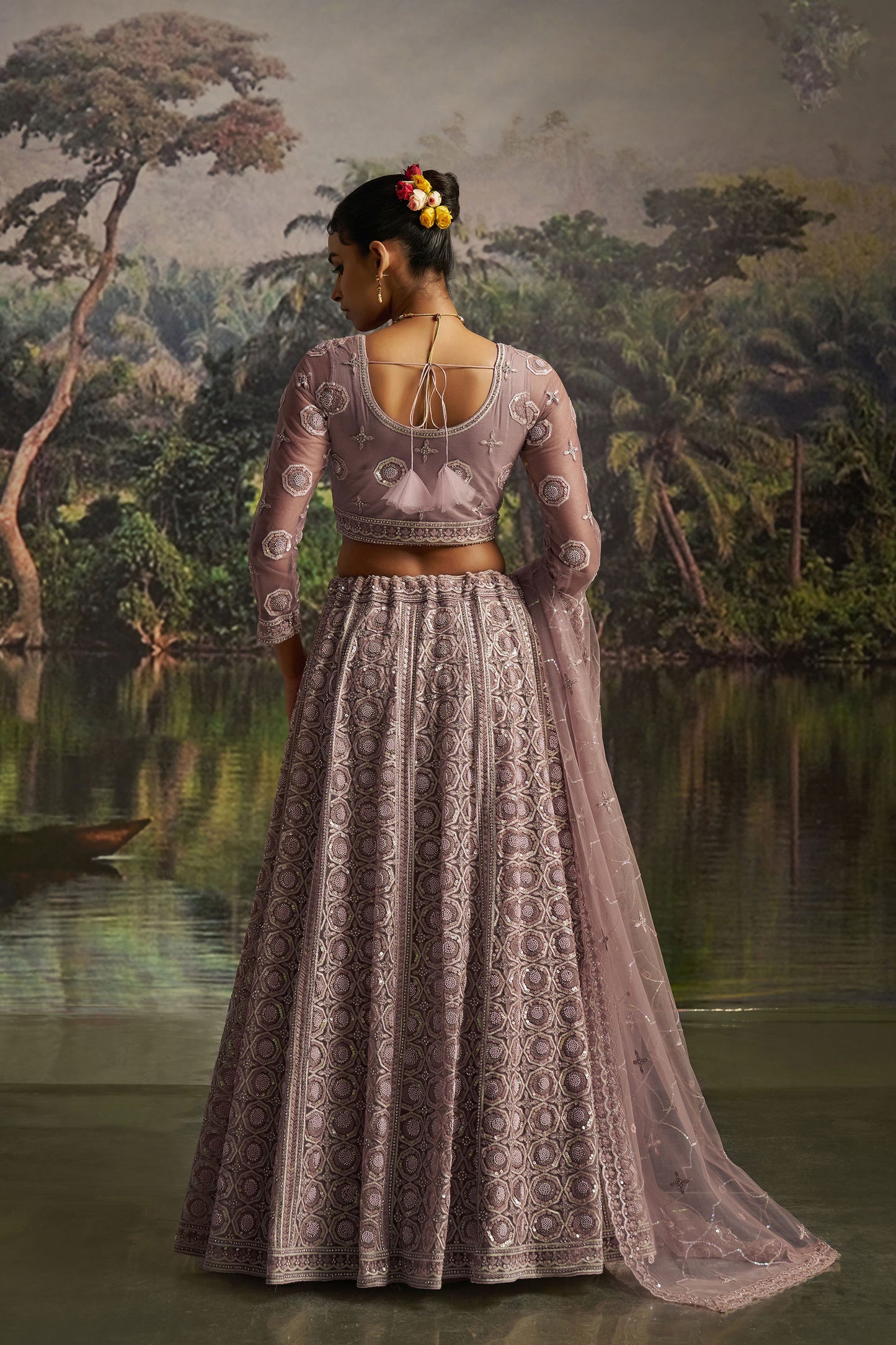 Mauve Soft Net Dori, Zarkan & Sequins Embroidered Sangeet Lehenga