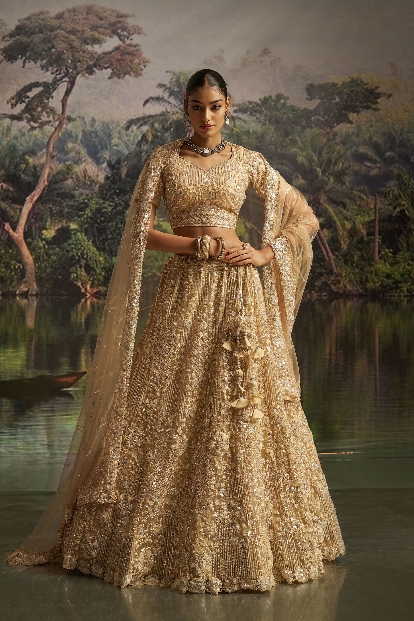 Cream Soft Net Zarkan & Sequins Embroidered Bridesmaid Lehenga