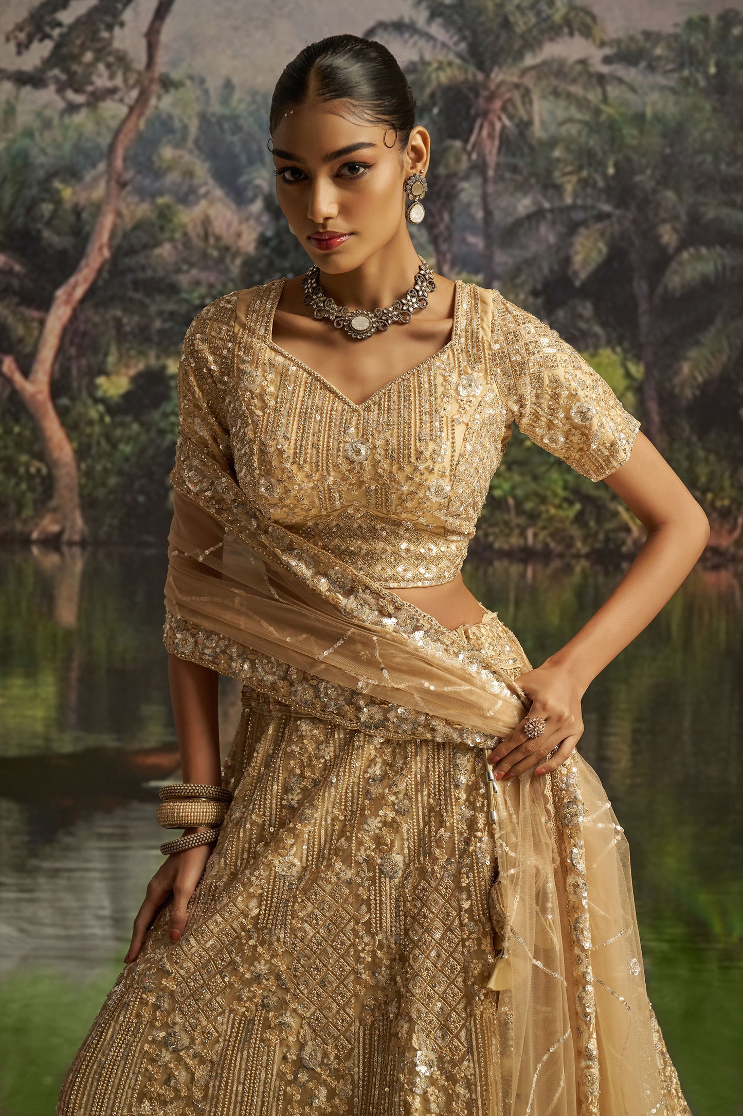 Cream Soft Net Zarkan & Sequins Embroidered Bridesmaid Lehenga