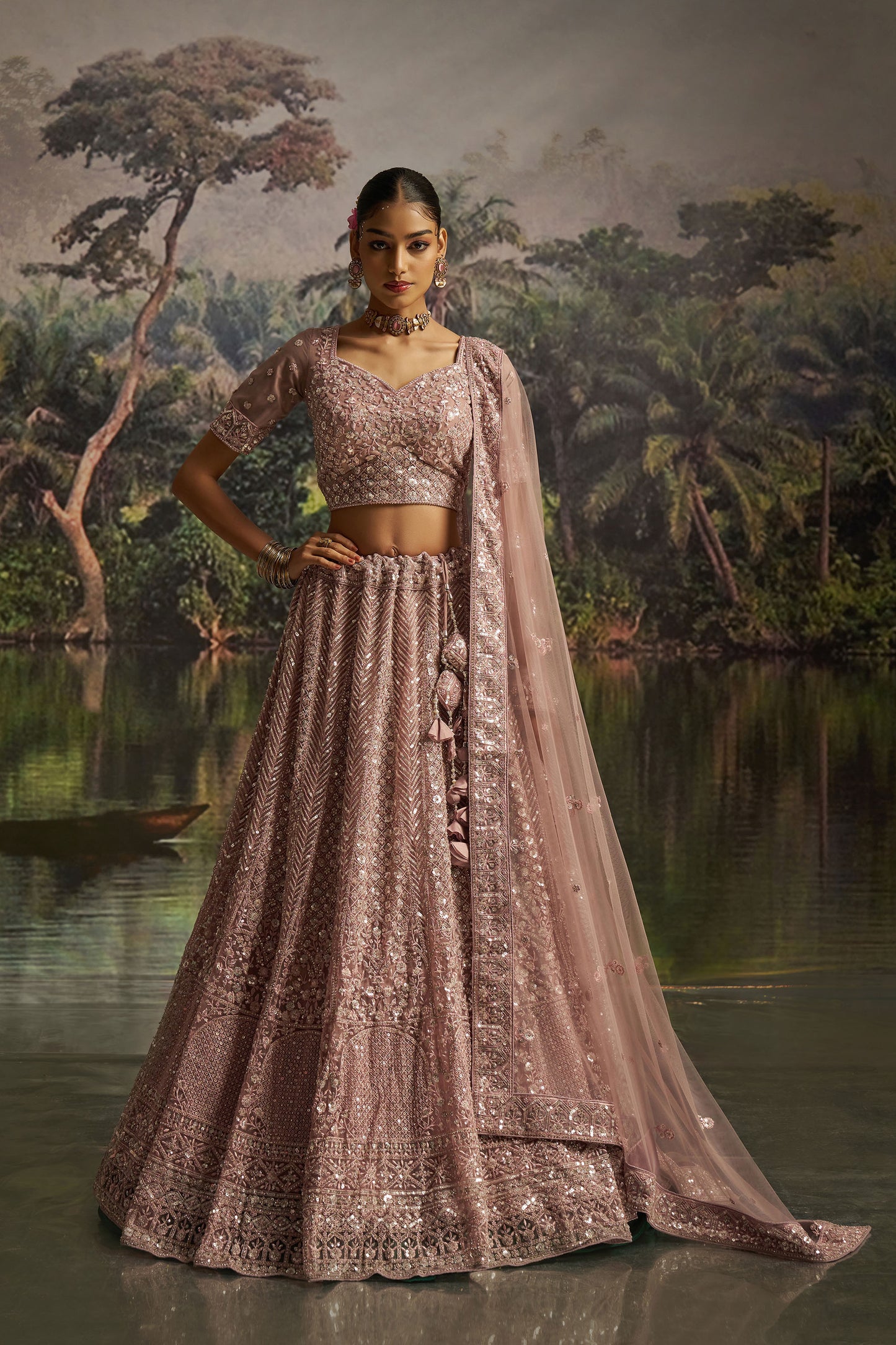 Mauve Soft Net Zarkan & Sequins Embroidered Bridesmaid Lehenga