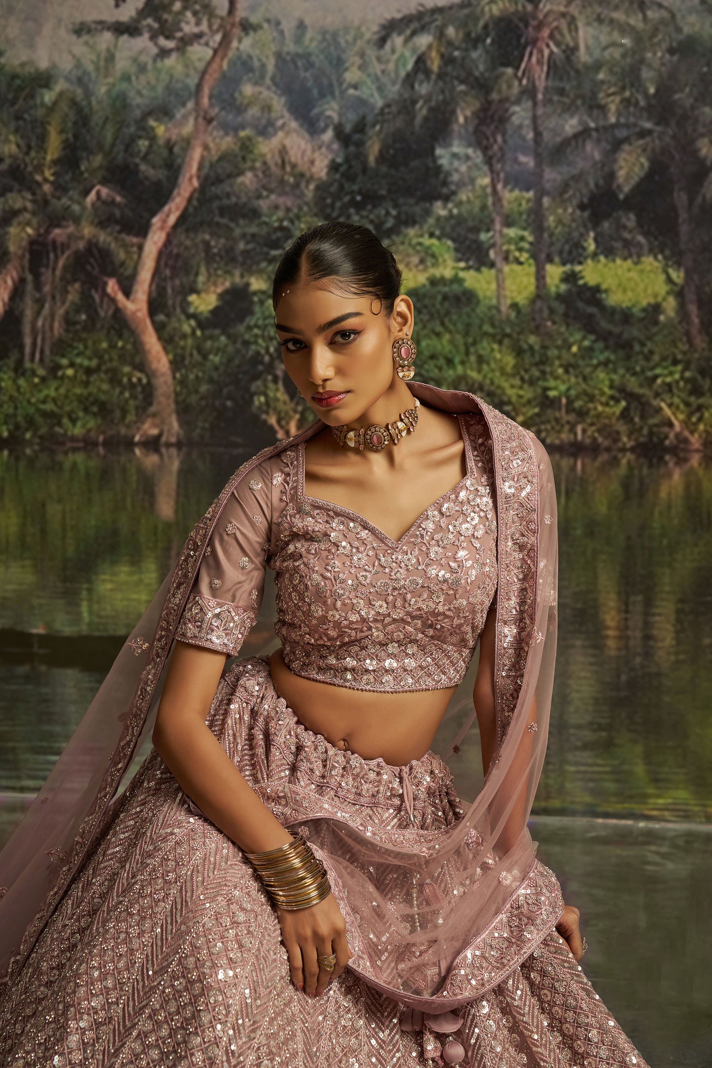 Mauve Soft Net Zarkan & Sequins Embroidered Bridesmaid Lehenga
