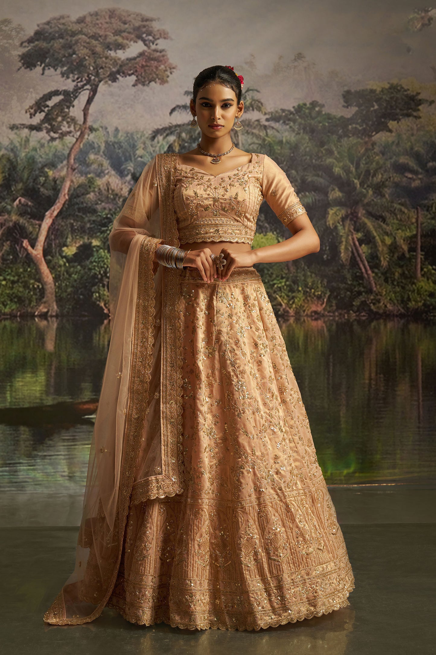 Peach Gota Silk Dori, Zarkan & Sequins Embroidered Wedding Lehenga