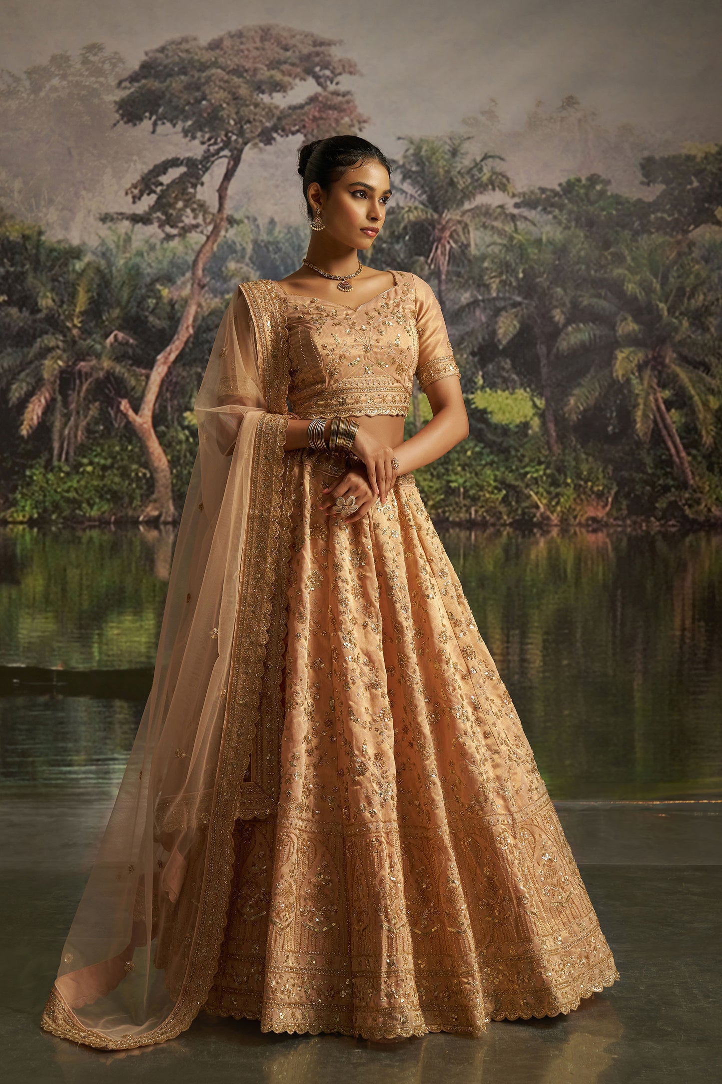Peach Gota Silk Dori, Zarkan & Sequins Embroidered Wedding Lehenga