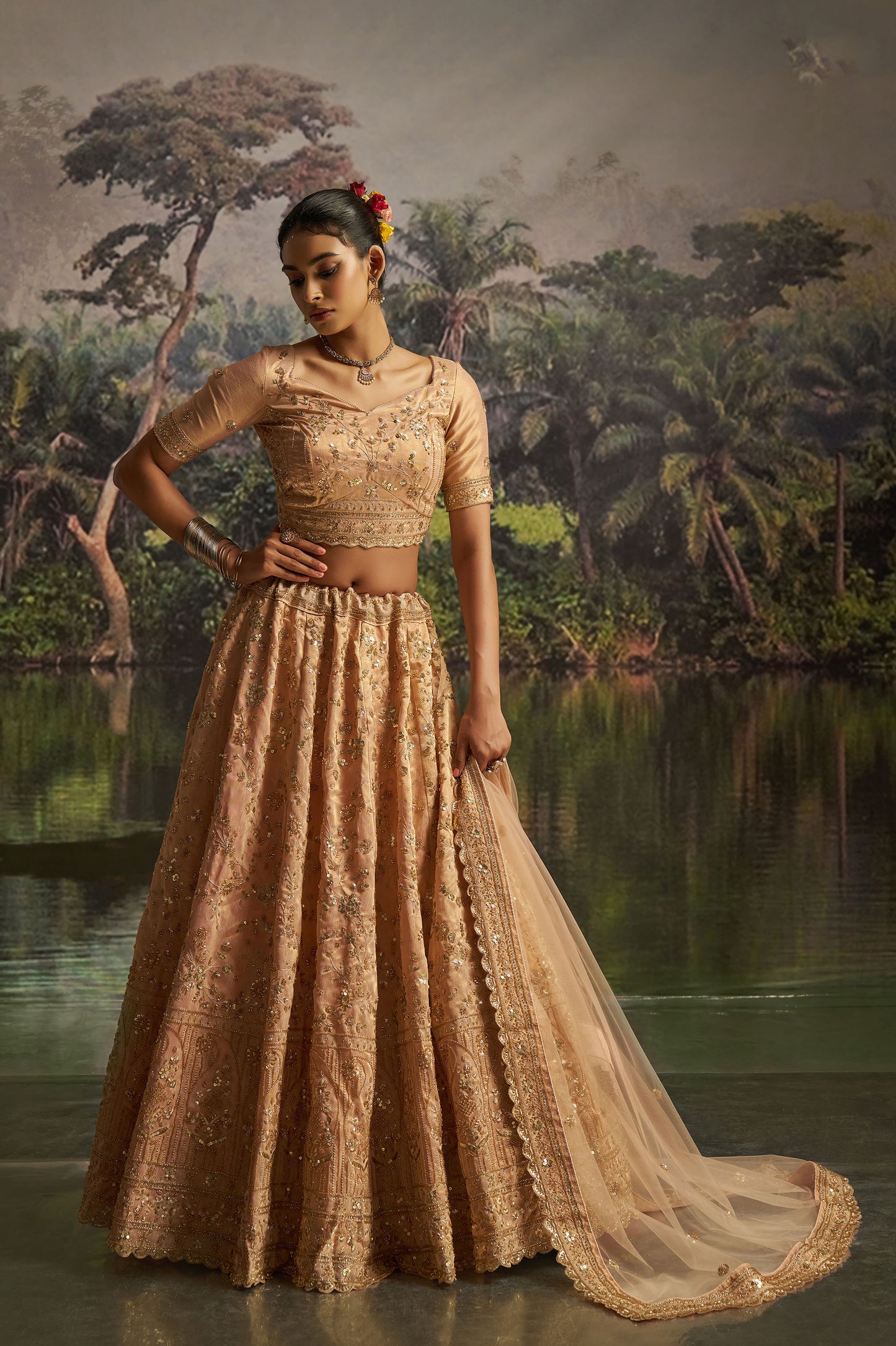 Peach Gota Silk Dori, Zarkan & Sequins Embroidered Wedding Lehenga