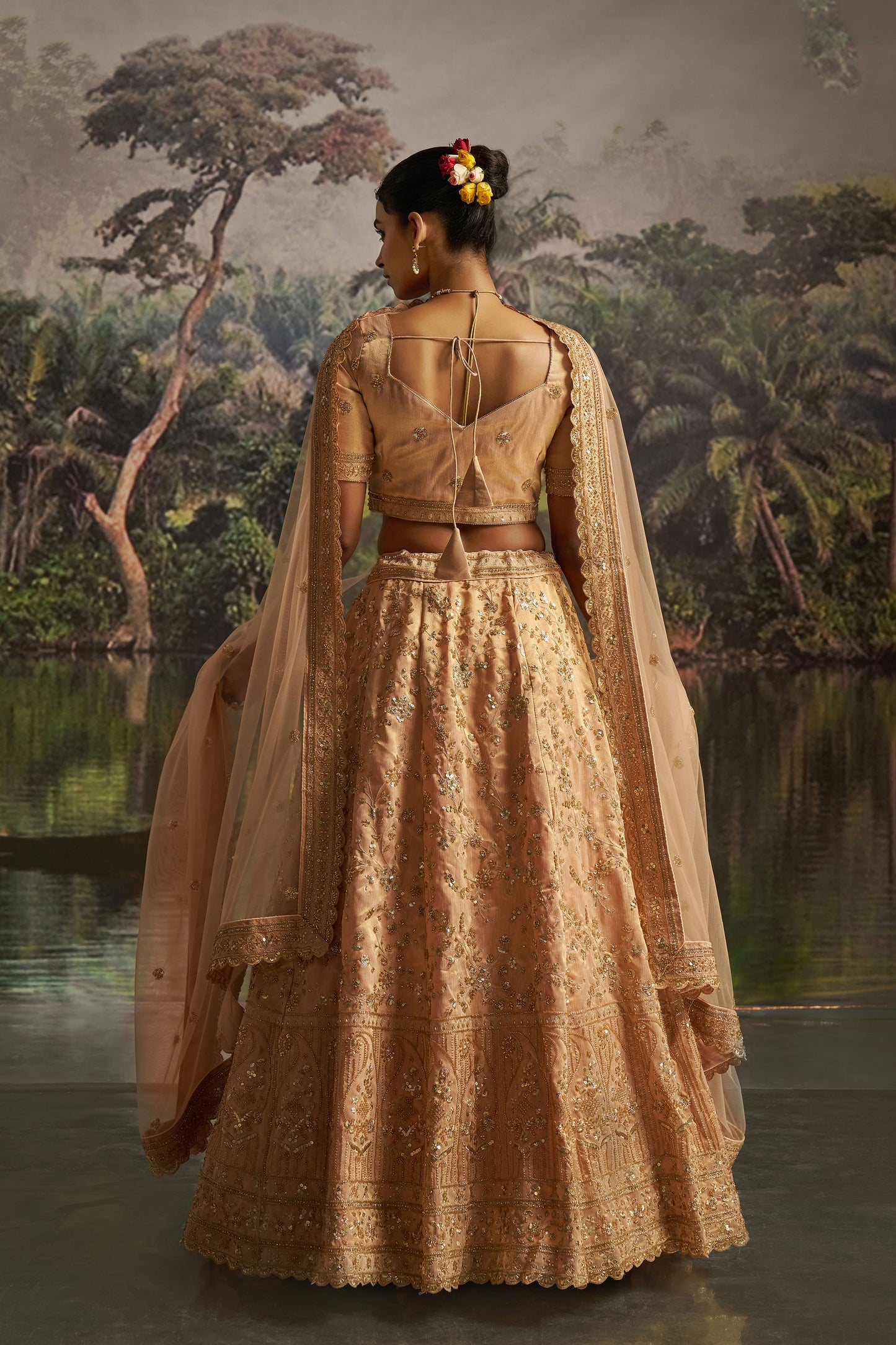 Peach Gota Silk Dori, Zarkan & Sequins Embroidered Wedding Lehenga