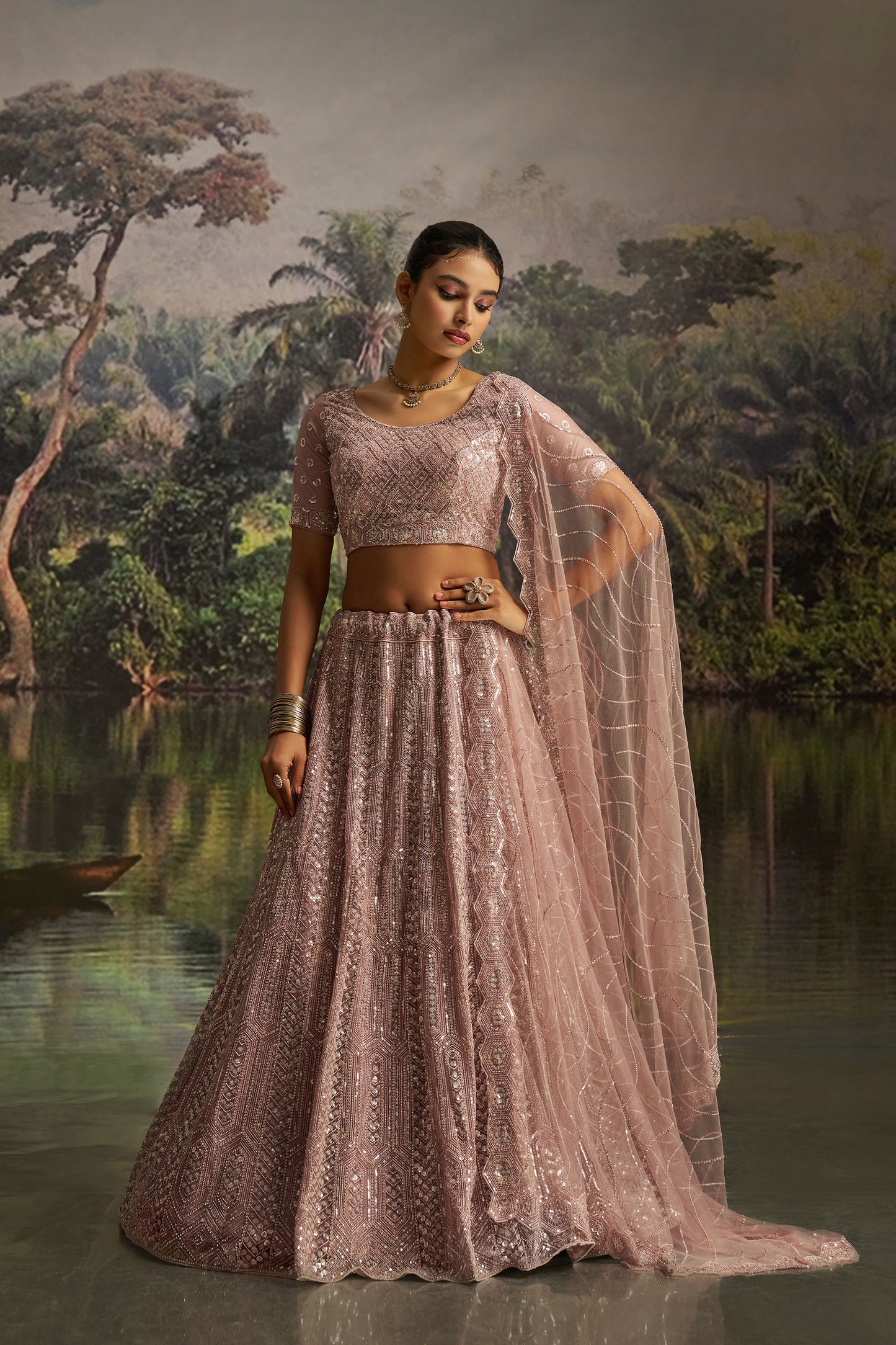 Mauve Soft Net Zarkan & Sequins Embroidered Engagement Lehenga