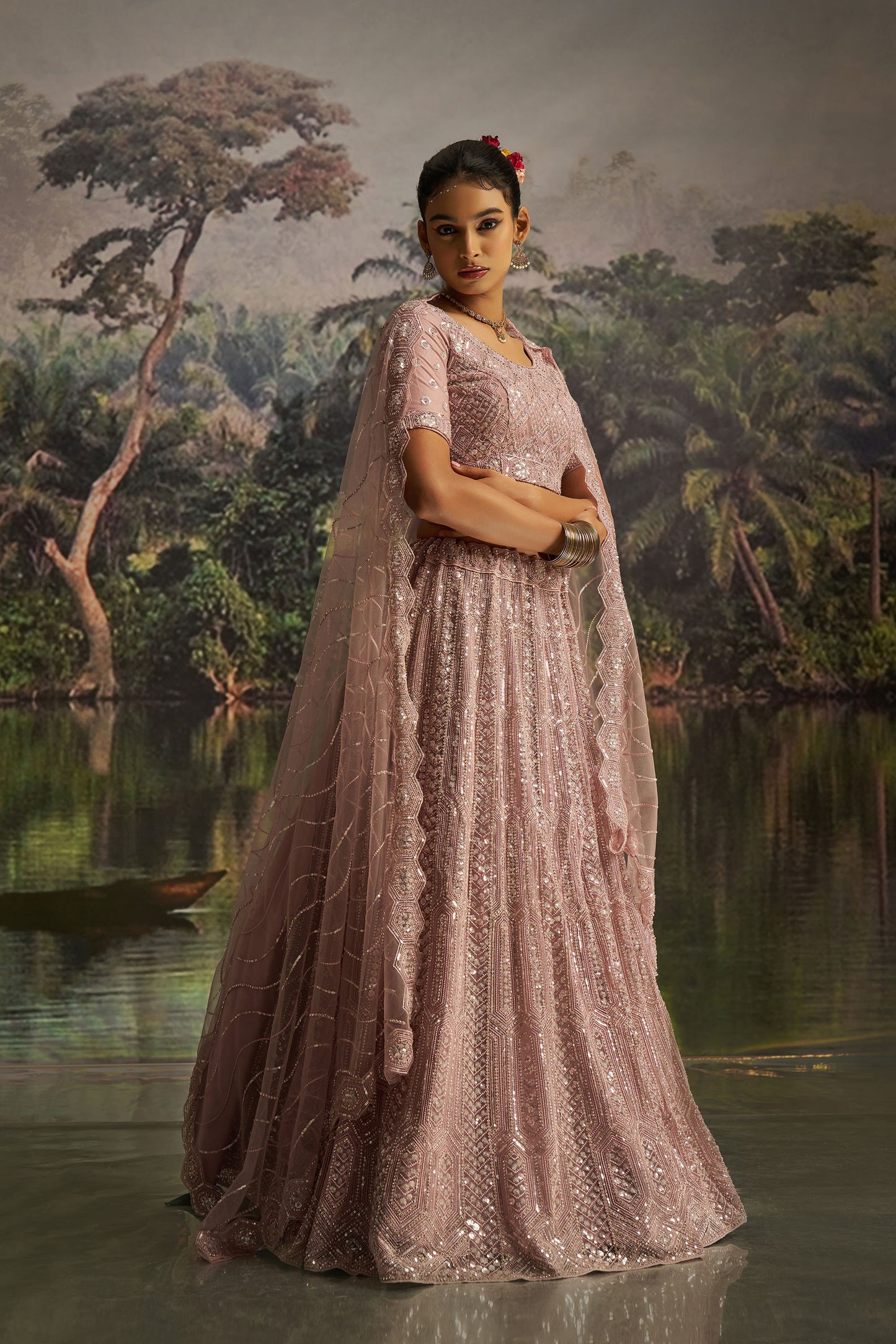Mauve Soft Net Zarkan & Sequins Embroidered Engagement Lehenga