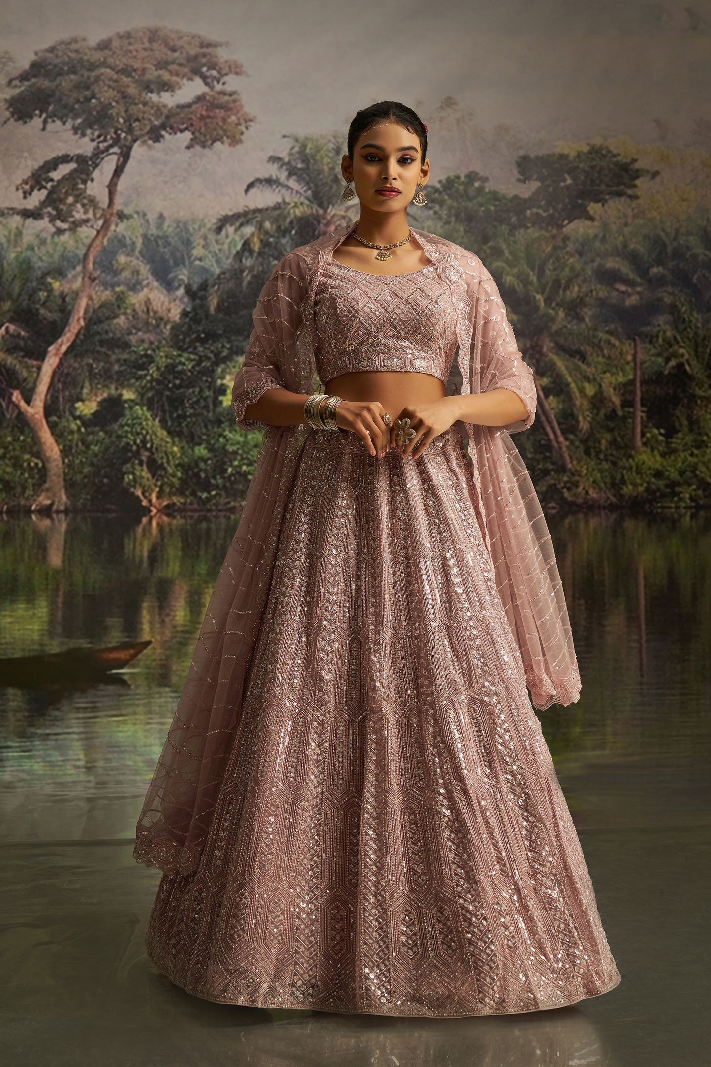 Mauve Soft Net Zarkan & Sequins Embroidered Engagement Lehenga