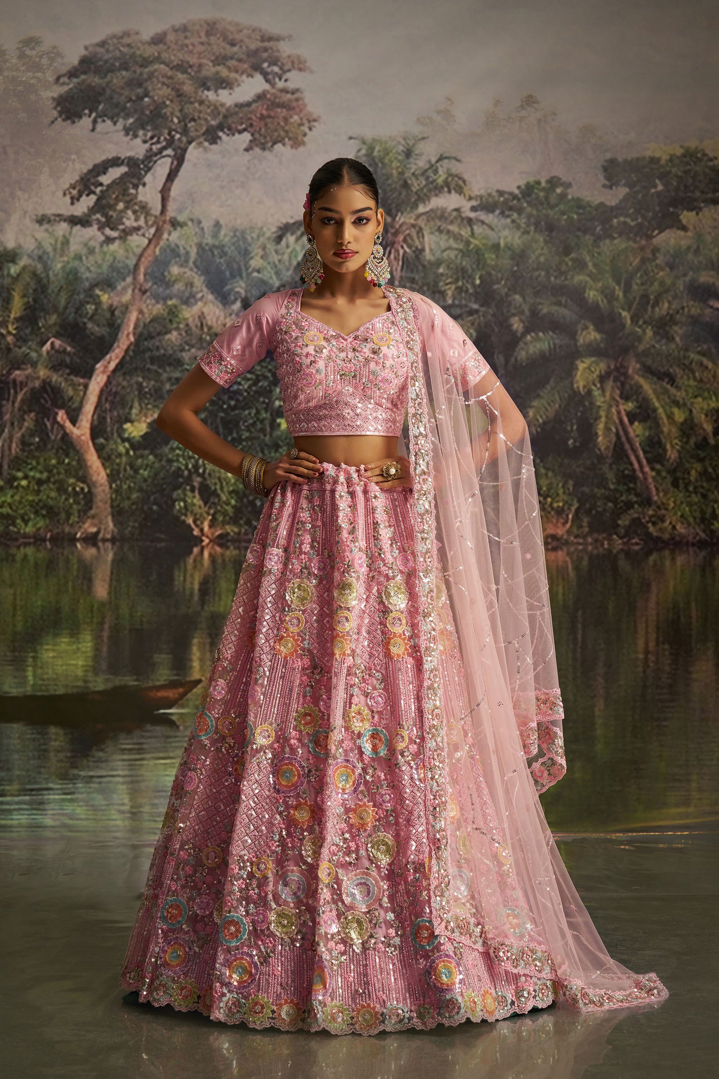 Pink Soft Net Zarkan & Sequins Embroidered Wedding Lehenga