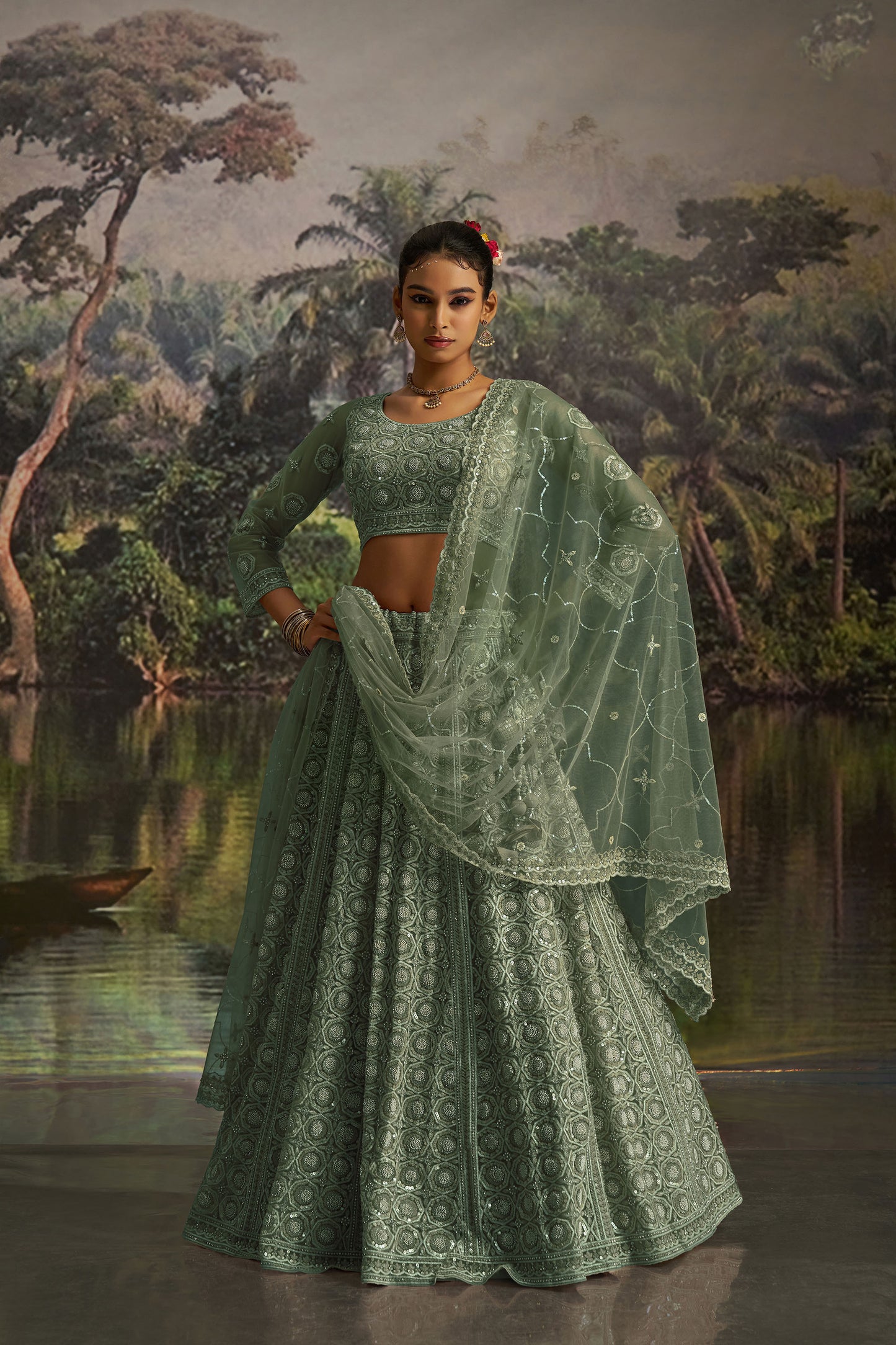Green Soft Net Zarkan & Sequins Embroidered Wedding Lehenga