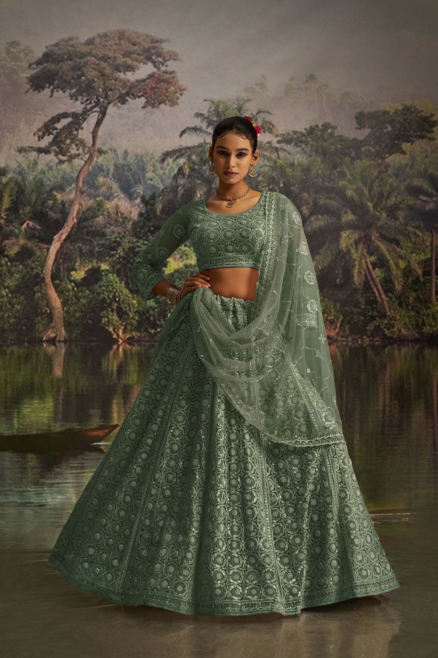 Green Soft Net Zarkan & Sequins Embroidered Wedding Lehenga