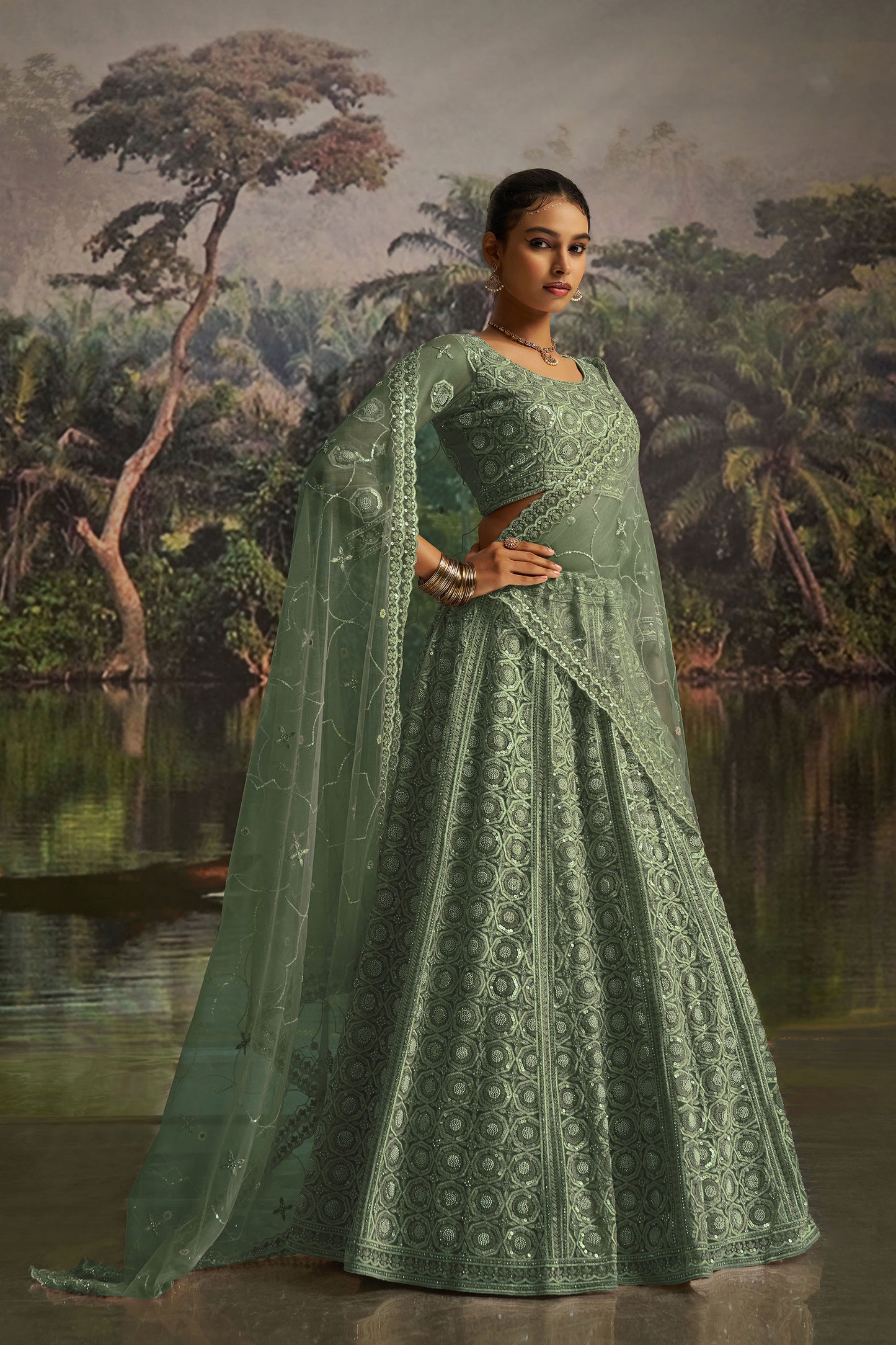 Green Soft Net Zarkan & Sequins Embroidered Wedding Lehenga