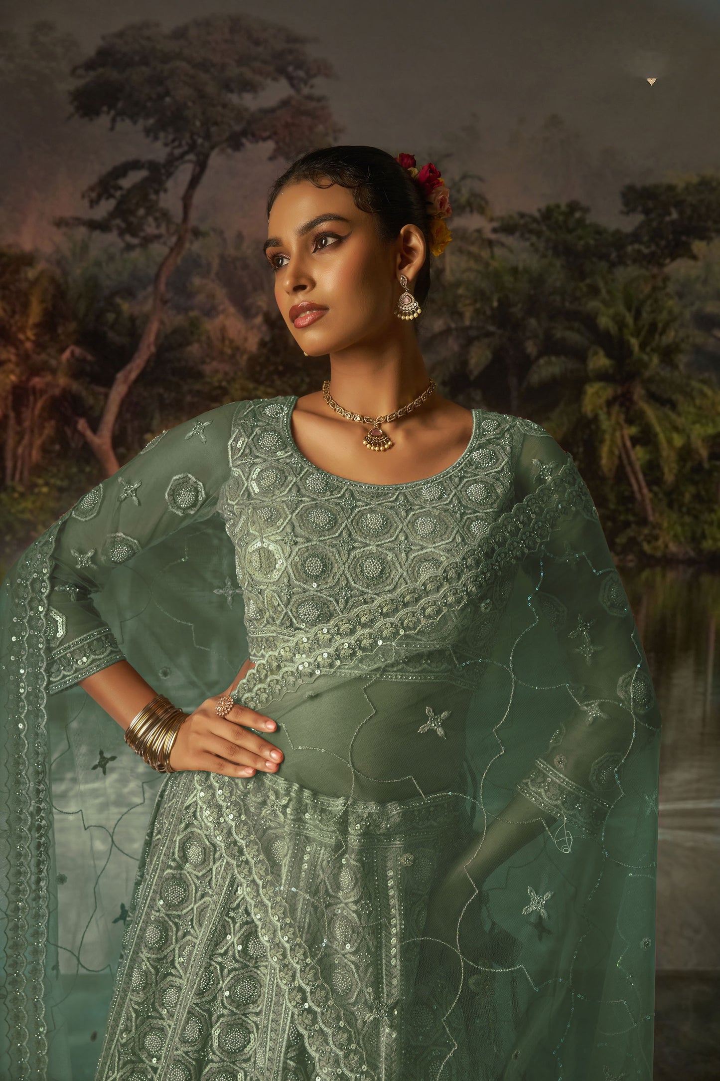 Green Soft Net Zarkan & Sequins Embroidered Wedding Lehenga