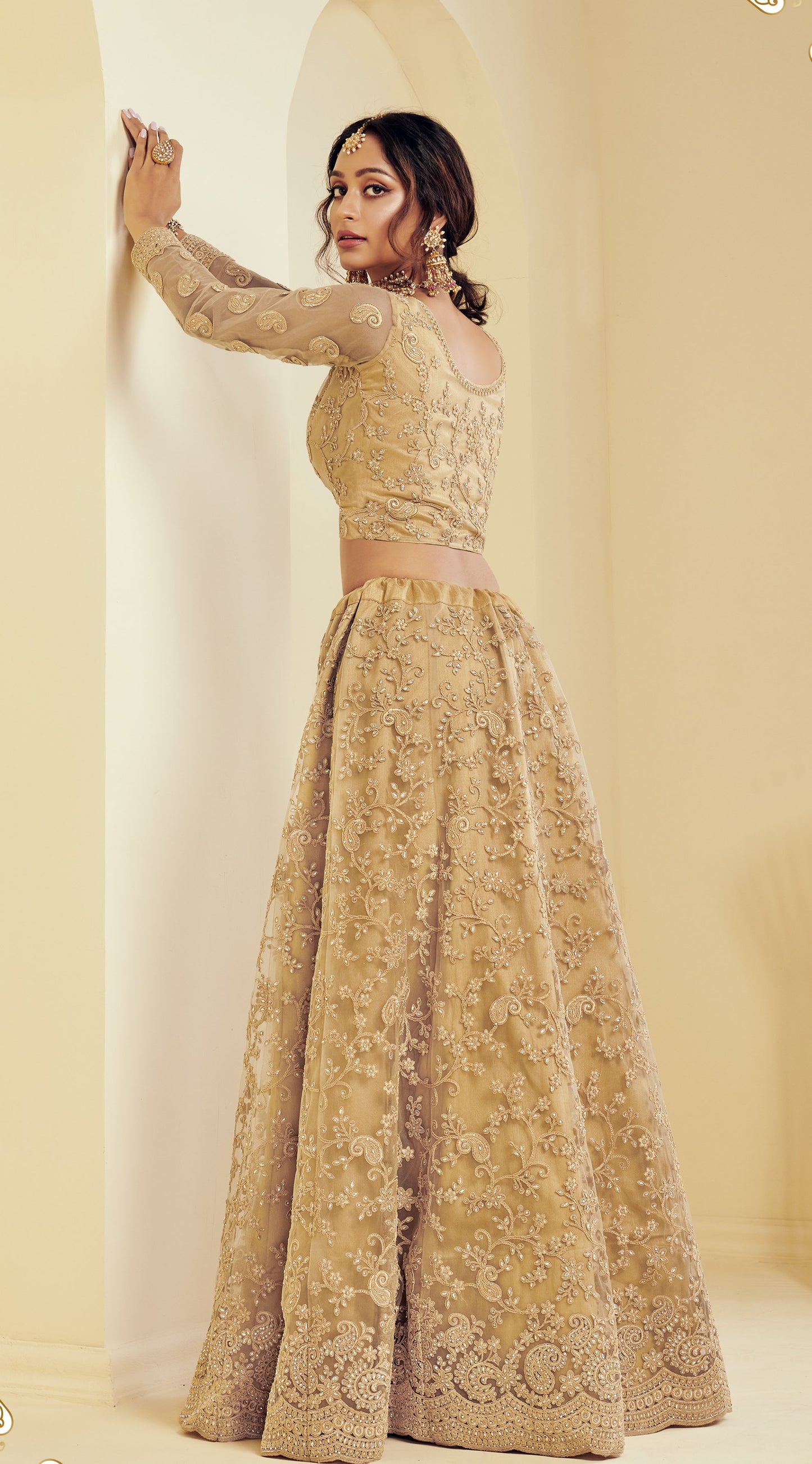 Beige Heavy Cording & Cut Work Embroidered Net Wedding Lehenga