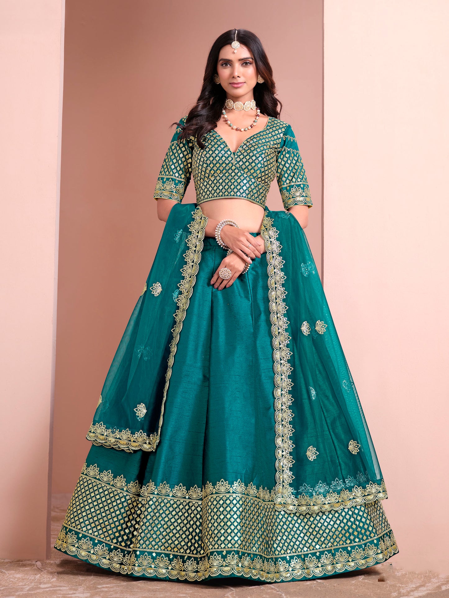 Rama Green Sequins Embroidered Art Silk Bridesmaid Lehenga