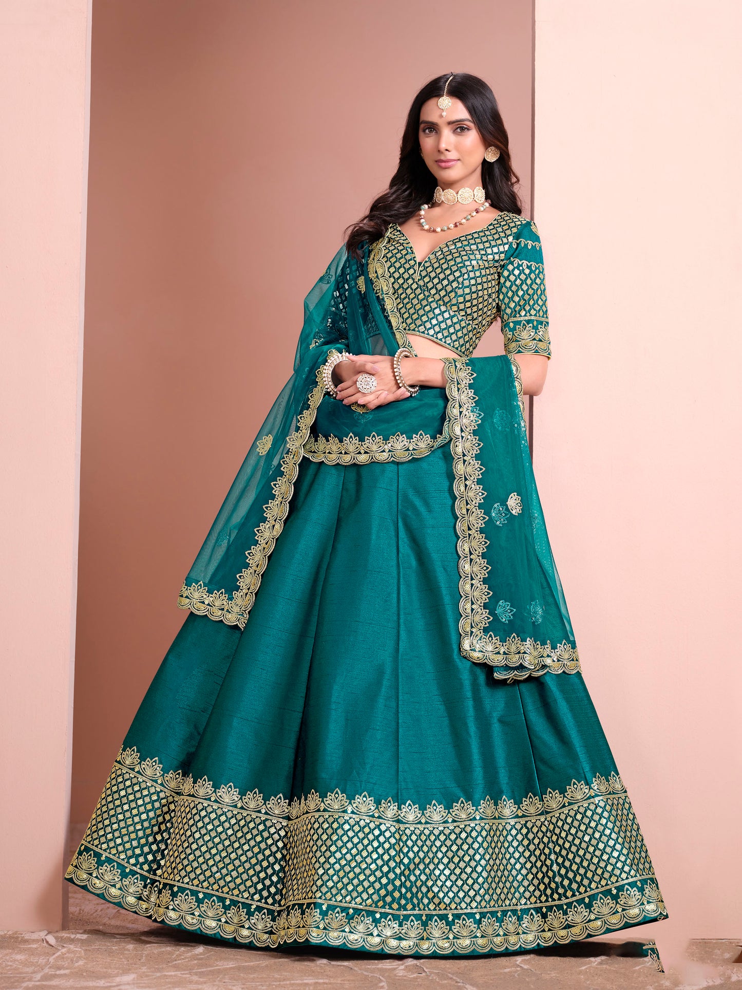 Rama Green Sequins Embroidered Art Silk Bridesmaid Lehenga