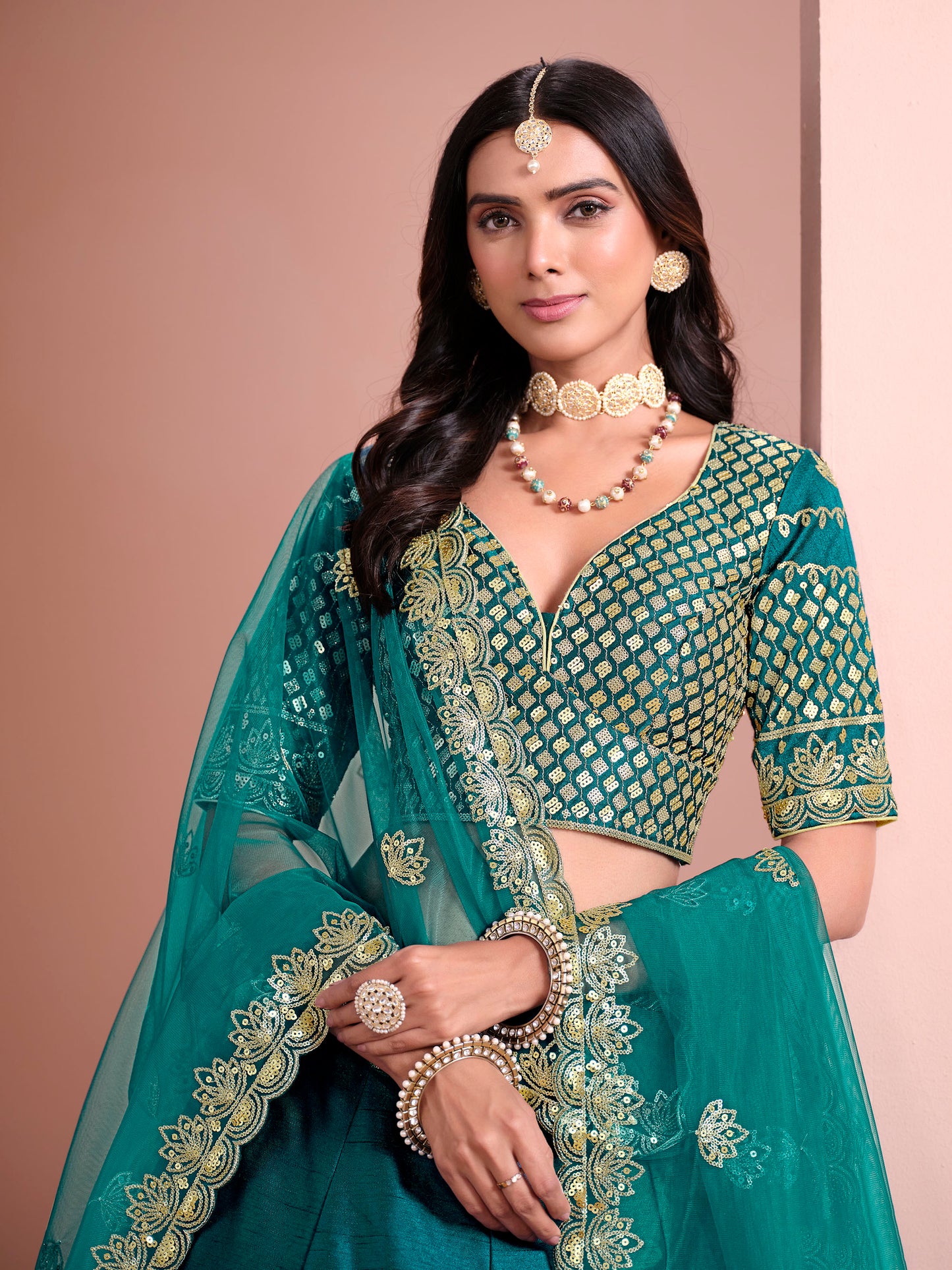 Rama Green Sequins Embroidered Art Silk Bridesmaid Lehenga