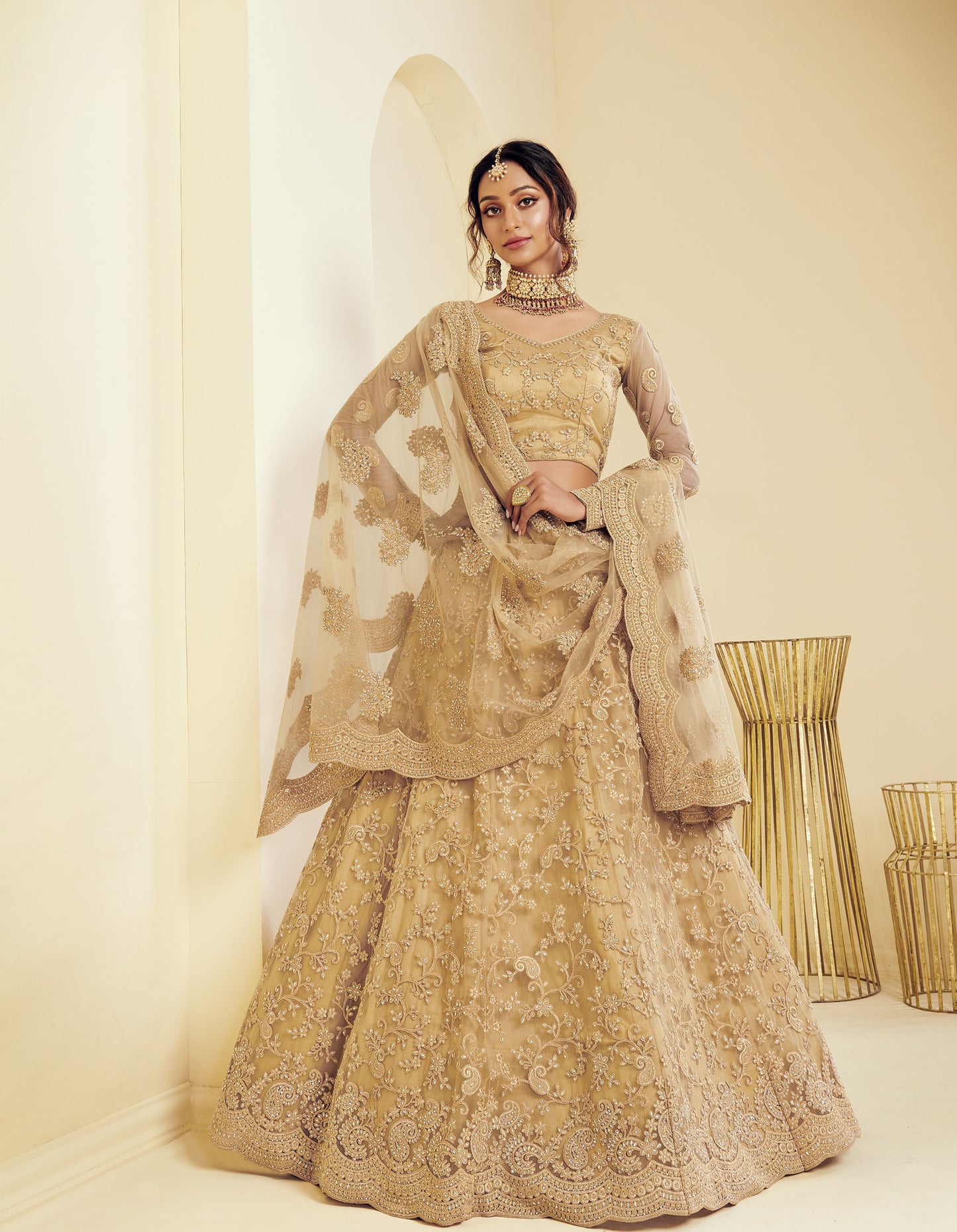 Beige Heavy Cording & Cut Work Embroidered Net Wedding Lehenga