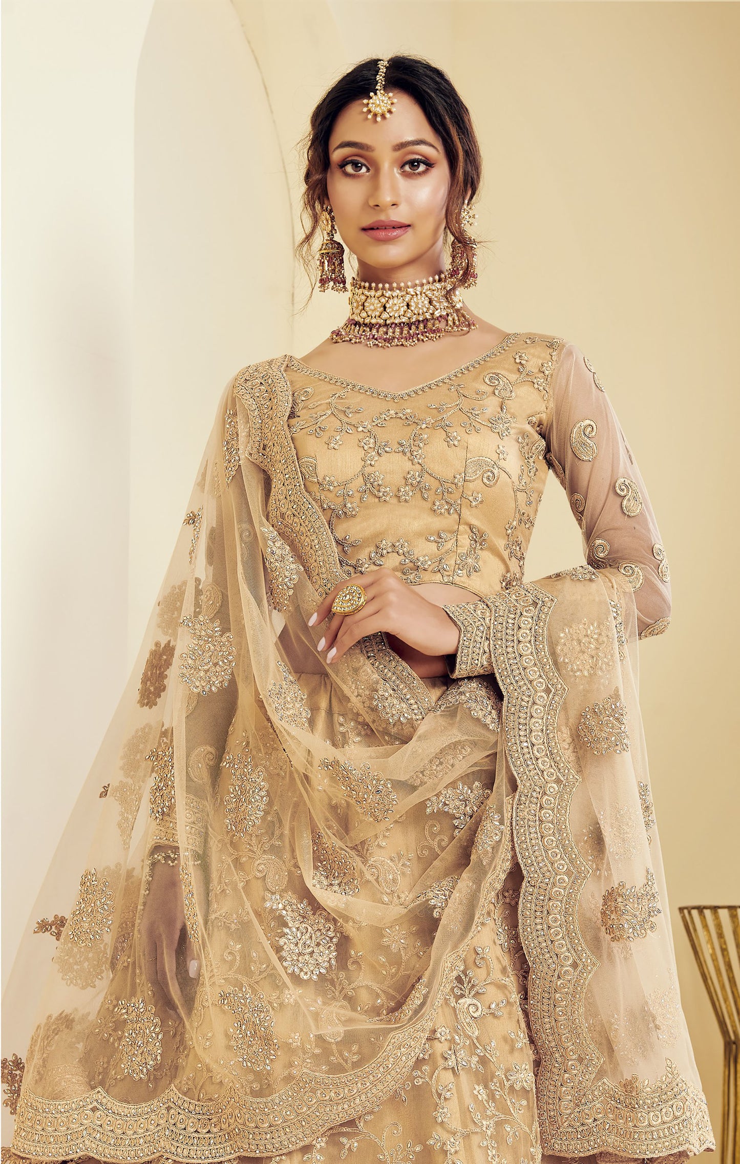 Beige Heavy Cording & Cut Work Embroidered Net Wedding Lehenga