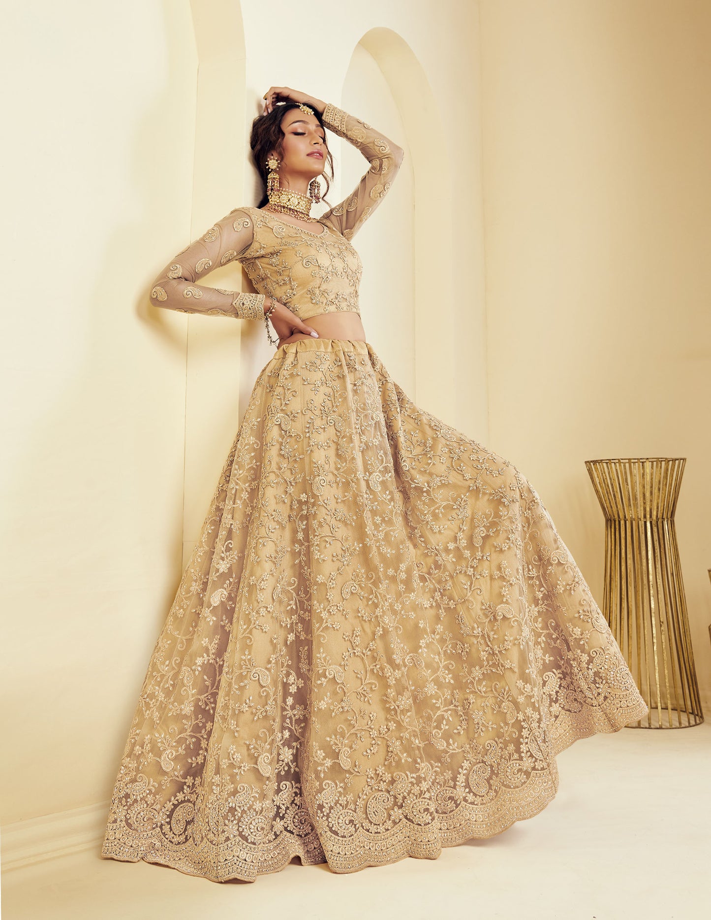 Beige Heavy Cording & Cut Work Embroidered Net Wedding Lehenga