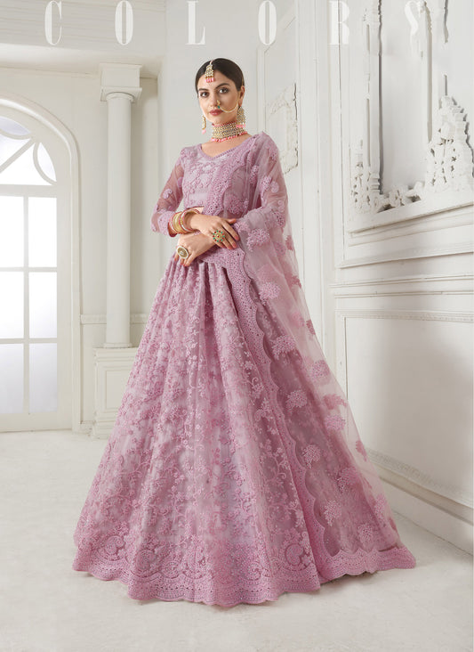 Pink Cording Embroidery Net Bridesmaid Lehenga